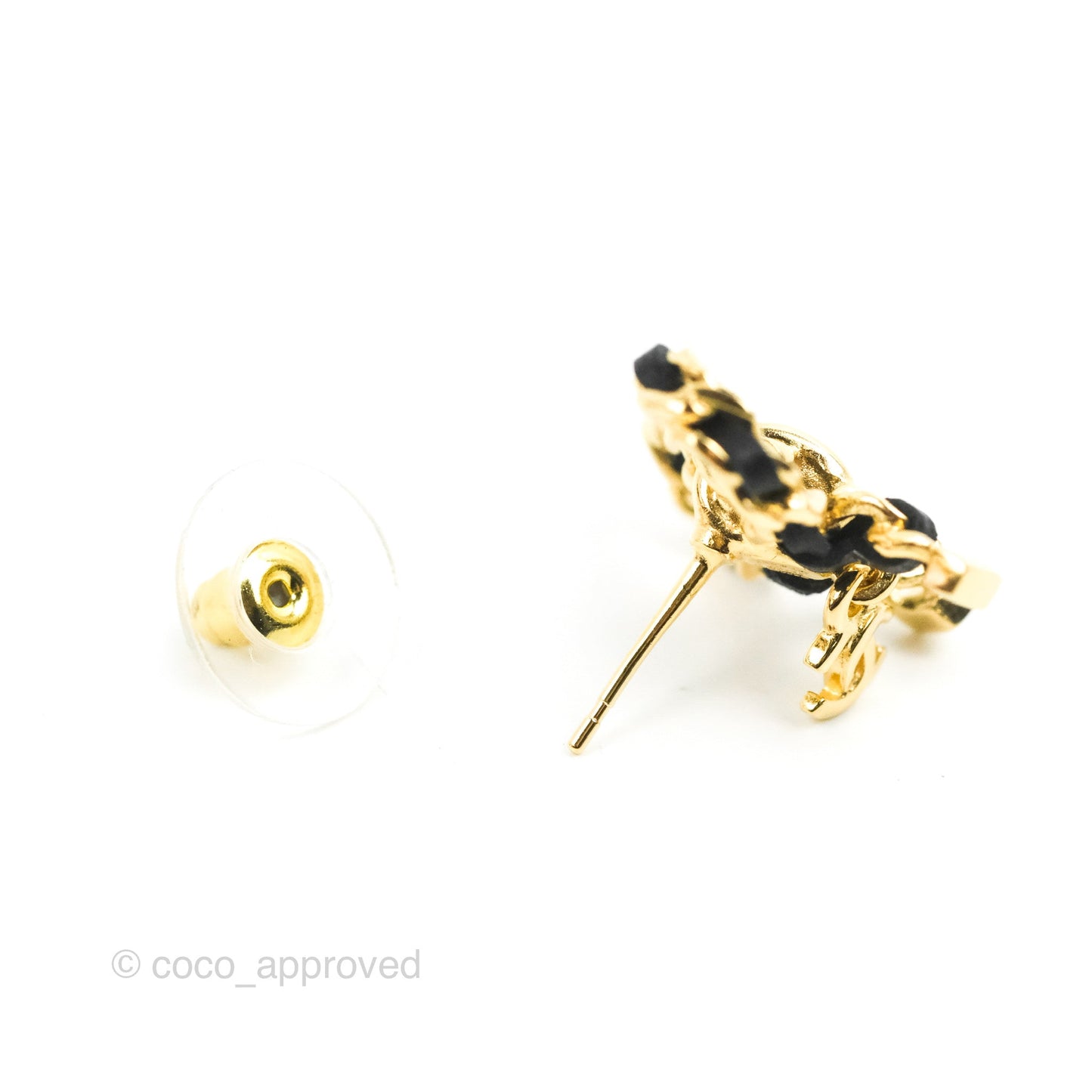 Chanel Lambskin Chain Bow Stud Earrings Black Gold 22A