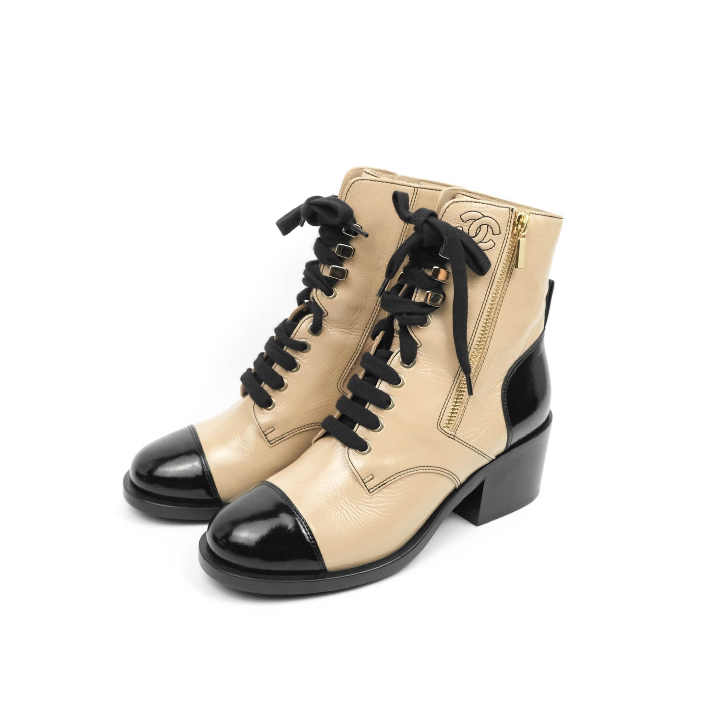 Chanel Beige Black Calfskin CC Lace Up Short Boots 37.5