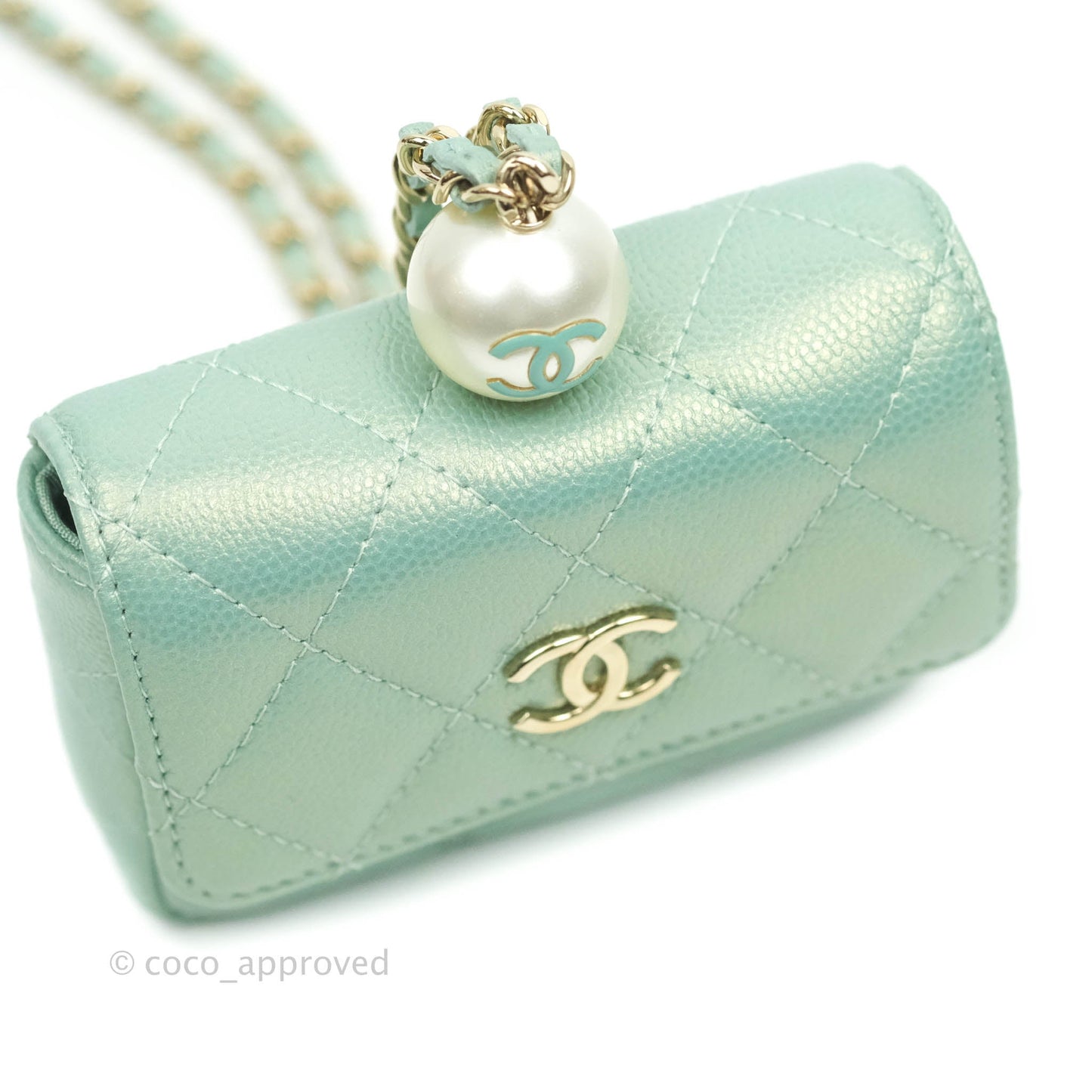 Chanel Quilted Card Holder With Chain Iridescent Mint Caviar Gold Hardware