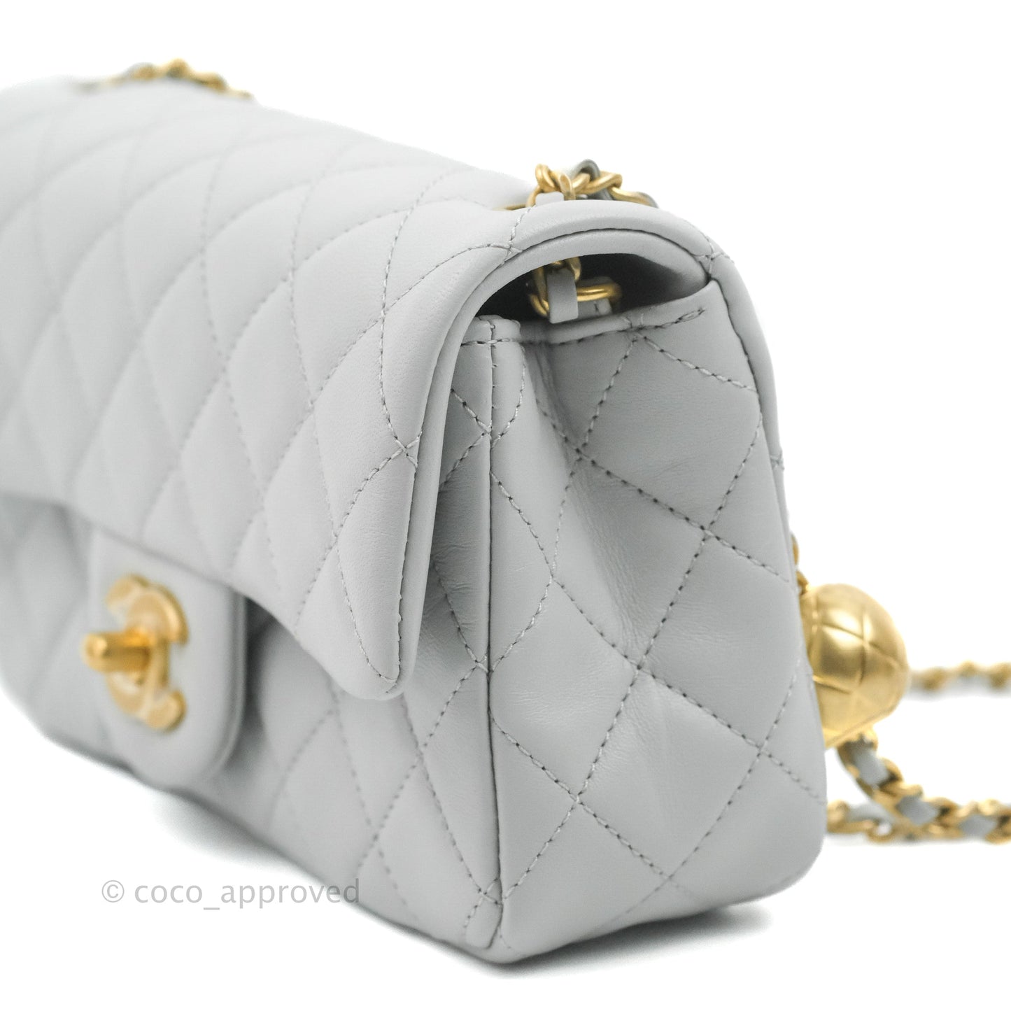 Chanel Quilted Mini Rectangular Pearl Crush Light Grey Lambskin Aged Gold Hardware