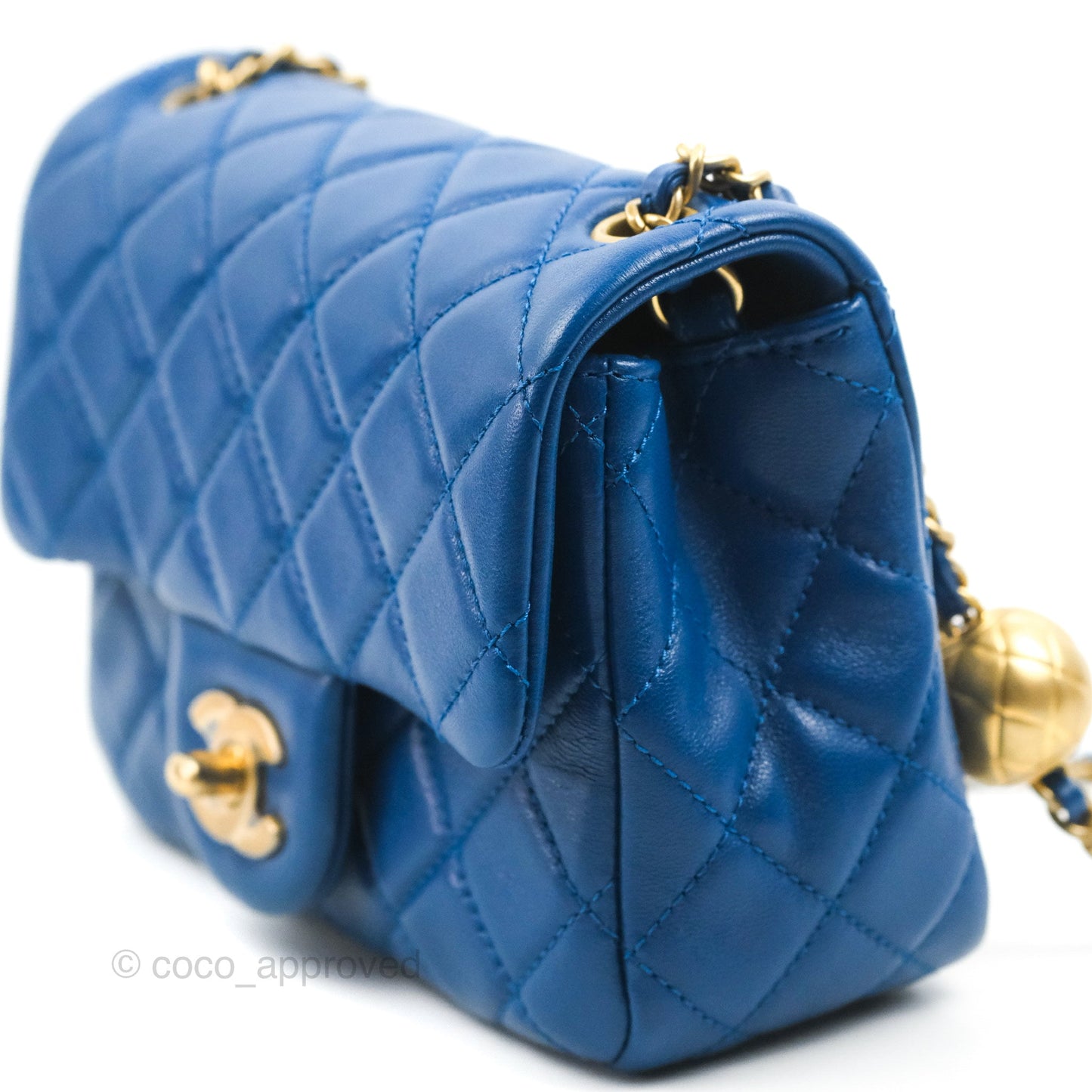 Chanel Mini Square Pearl Crush Quilted Blue Lambskin Aged Gold Hardware