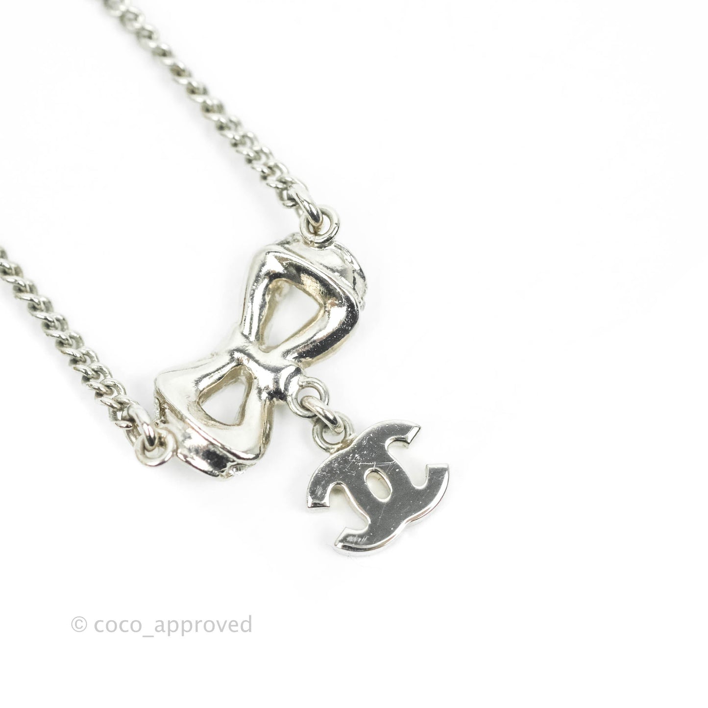 Chanel Ribbon Crystal Drop CC Necklace Silver Tone 18P