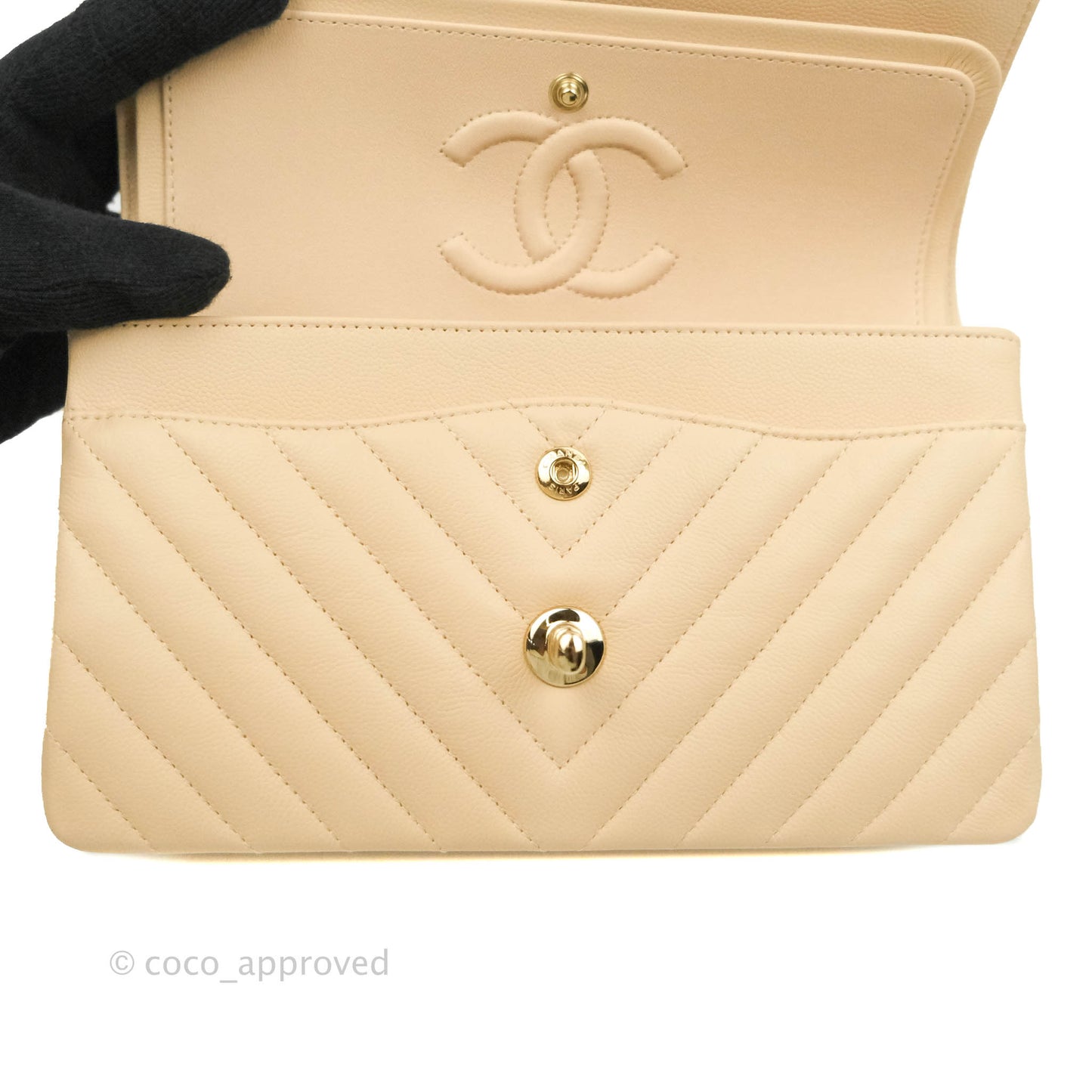 Chanel Classic S/M Small Double Flap Chevron Beige Caviar Gold Hardware