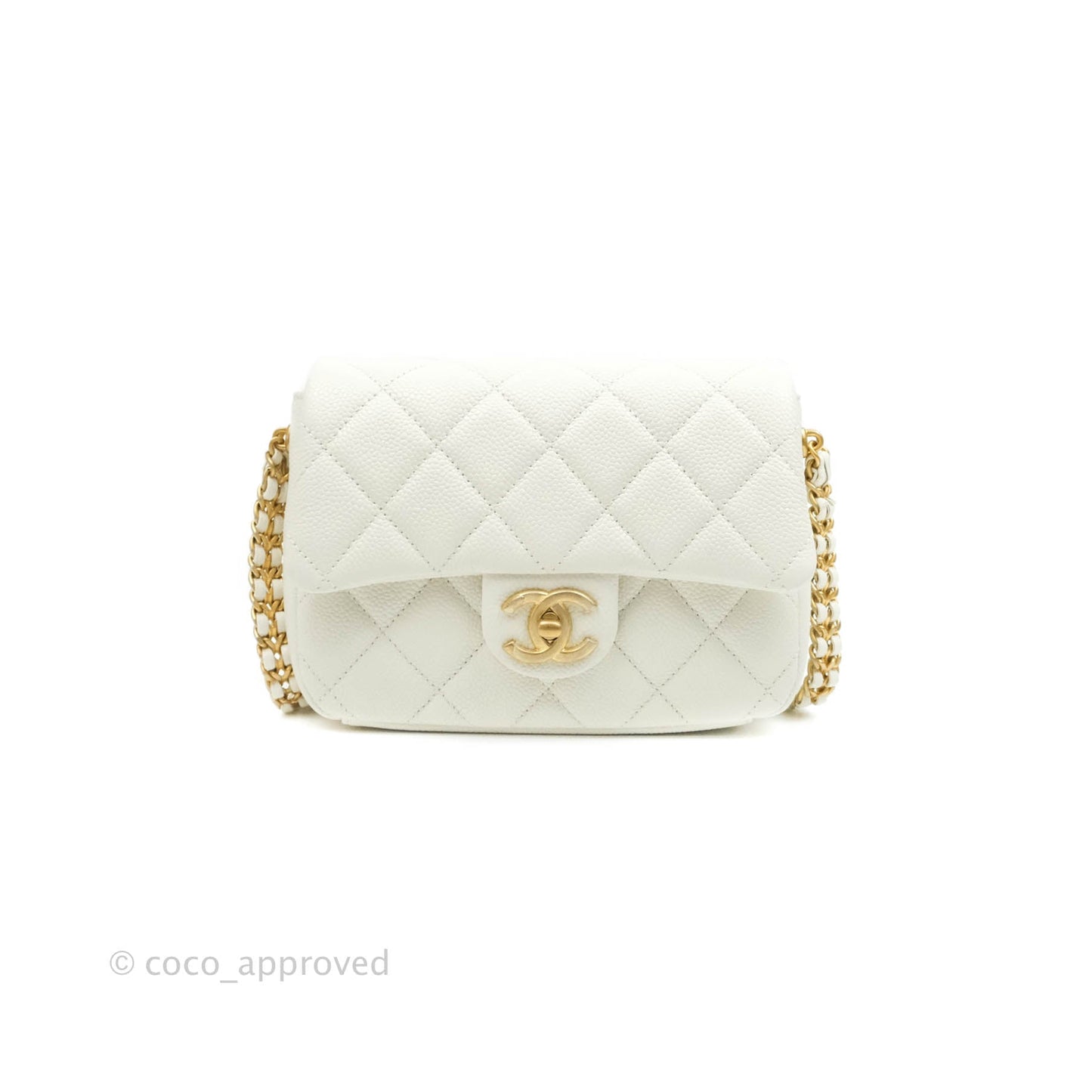 Chanel Mini Flap Bag Coin Charm Soul Chain White Caviar Aged Gold Hardware 21A