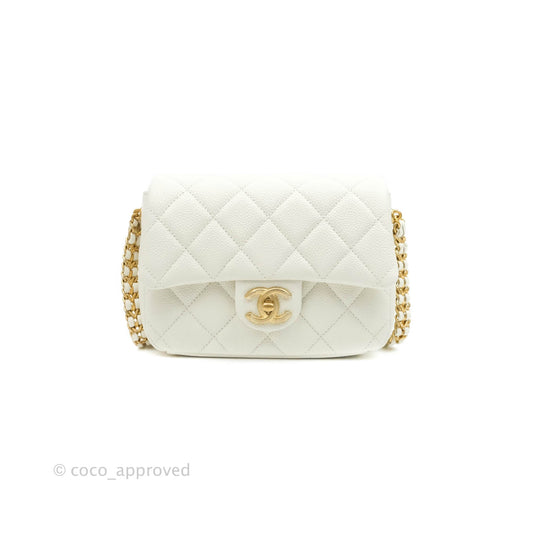 Chanel Mini Flap Bag Coin Charm Soul Chain White Caviar Aged Gold Hardware 21A