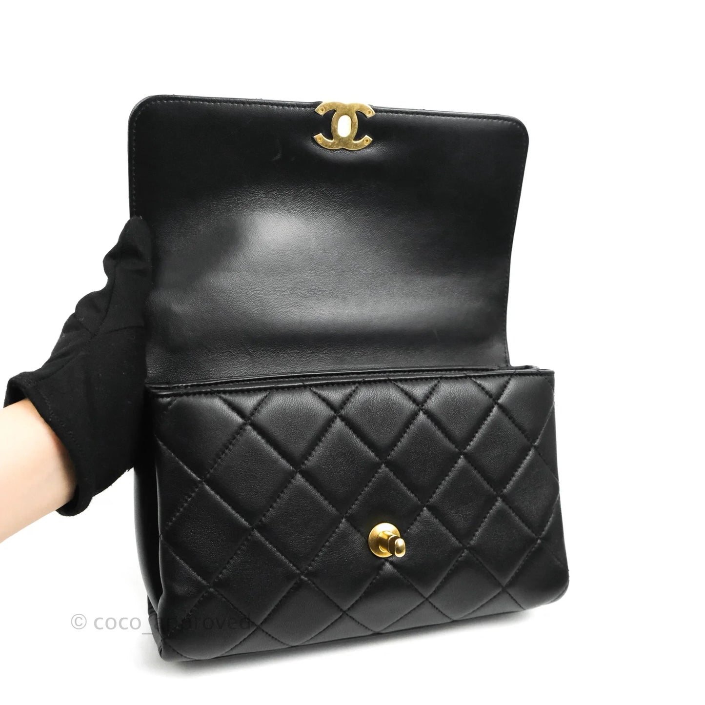 Chanel Quilted Small Flap Bag with CC Crystal Logo Handle Black Lambskin Aged Gold Hardware