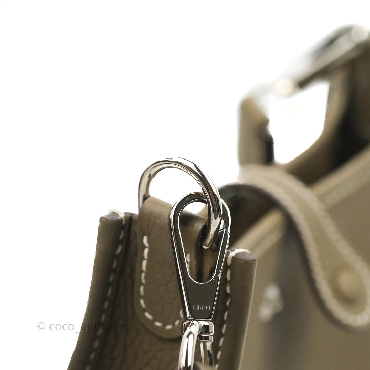 Hermès Mini Evelyne Etoupe Clemence Palladium Hardware with Bleu Indigo Strap
