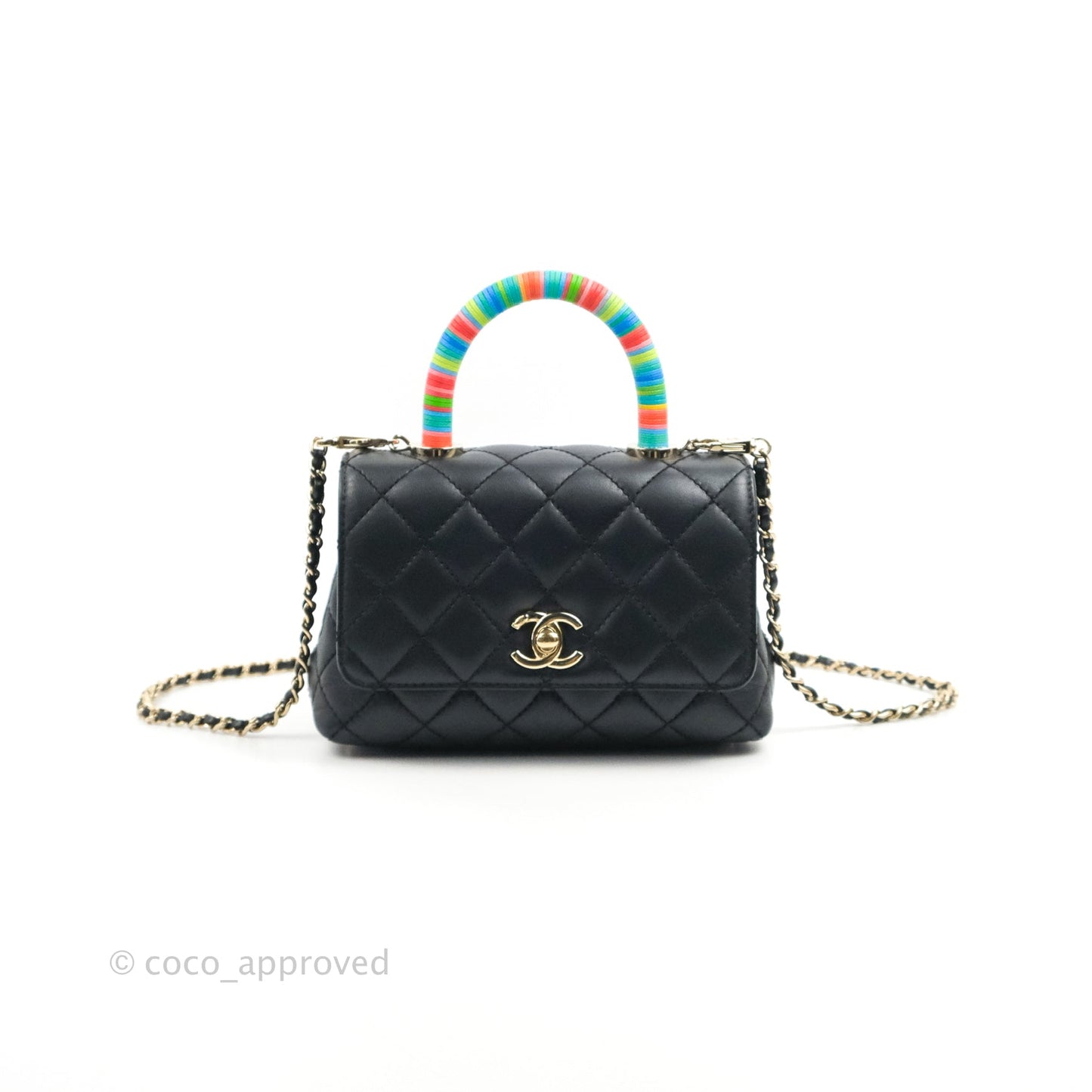 Chanel Quilted Mini Rainbow Coco Handle Bag Lambskin Black Gold Hardware