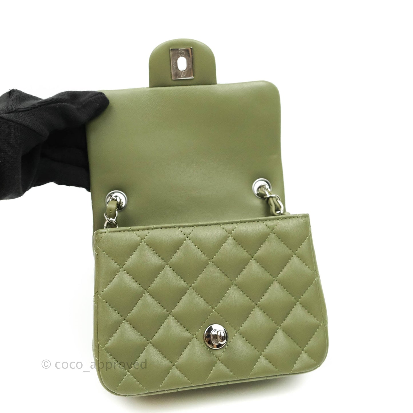 Chanel Quilted Mini Square Olive Green Lambskin Silver Hardware 21B