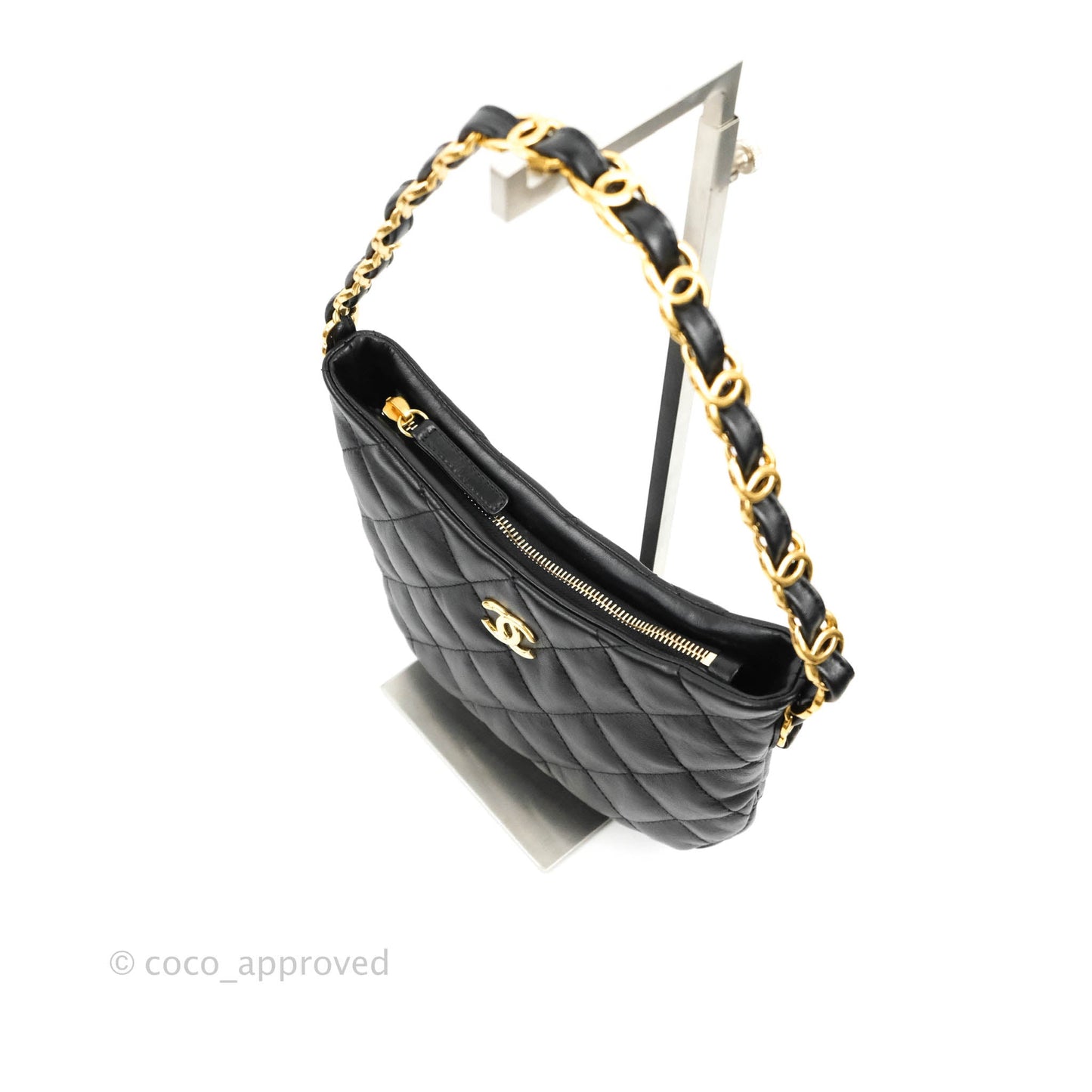 Chanel Small Hobo Bag CC Chain Black Calfskin Aged Gold Hardware 22K
