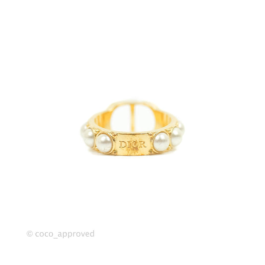 Christian Dior CD Pearl Ring Gold Tone Size S