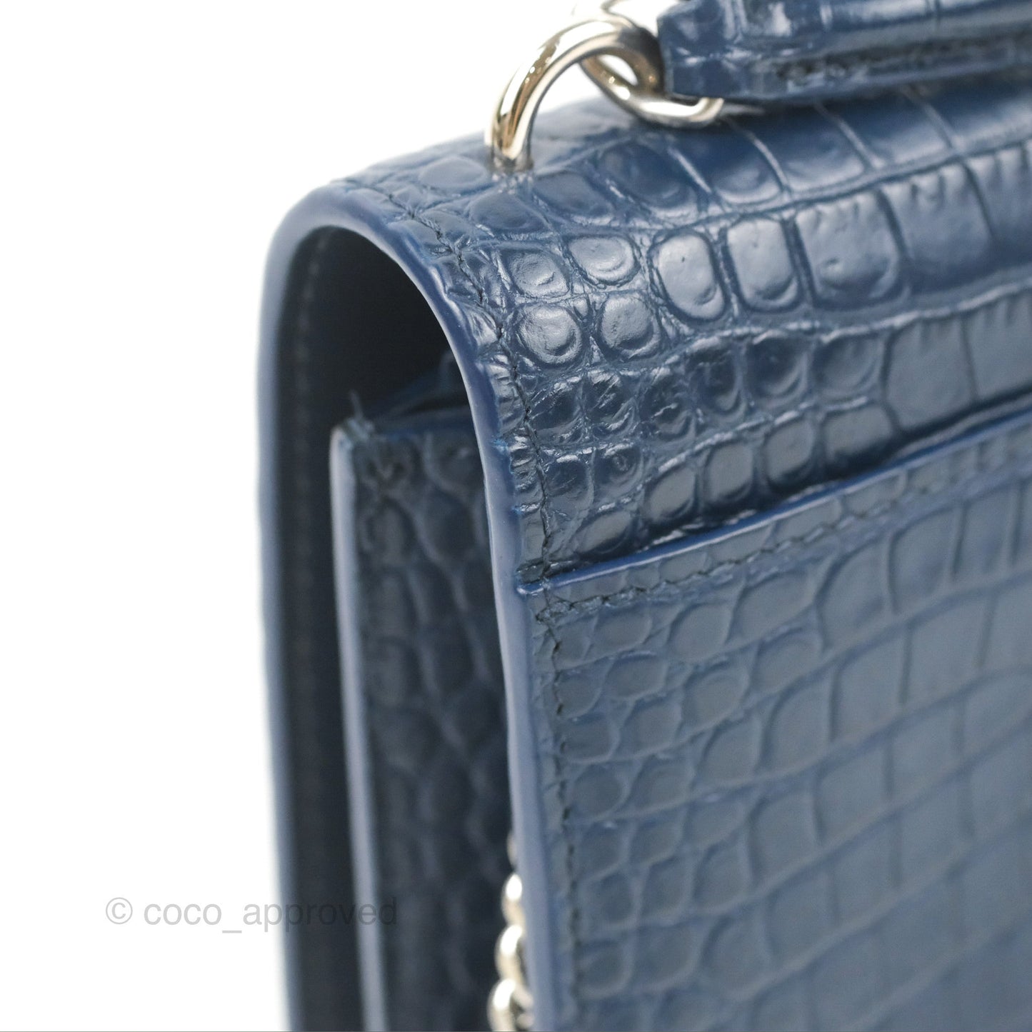 Saint Laurent Sunset Chain Wallet Navy Croc-embossed Shiny Calfskin Silver Hardware