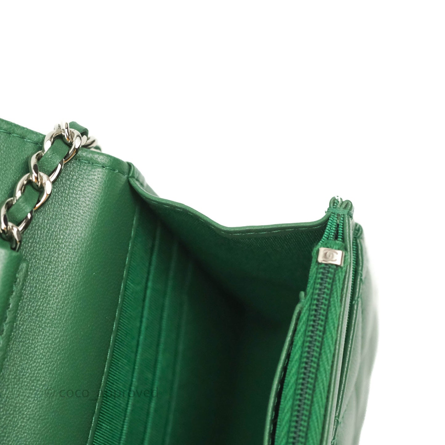 Chanel Quilted Classic Wallet on Chain WOC Green Lambskin Silver Hardware
