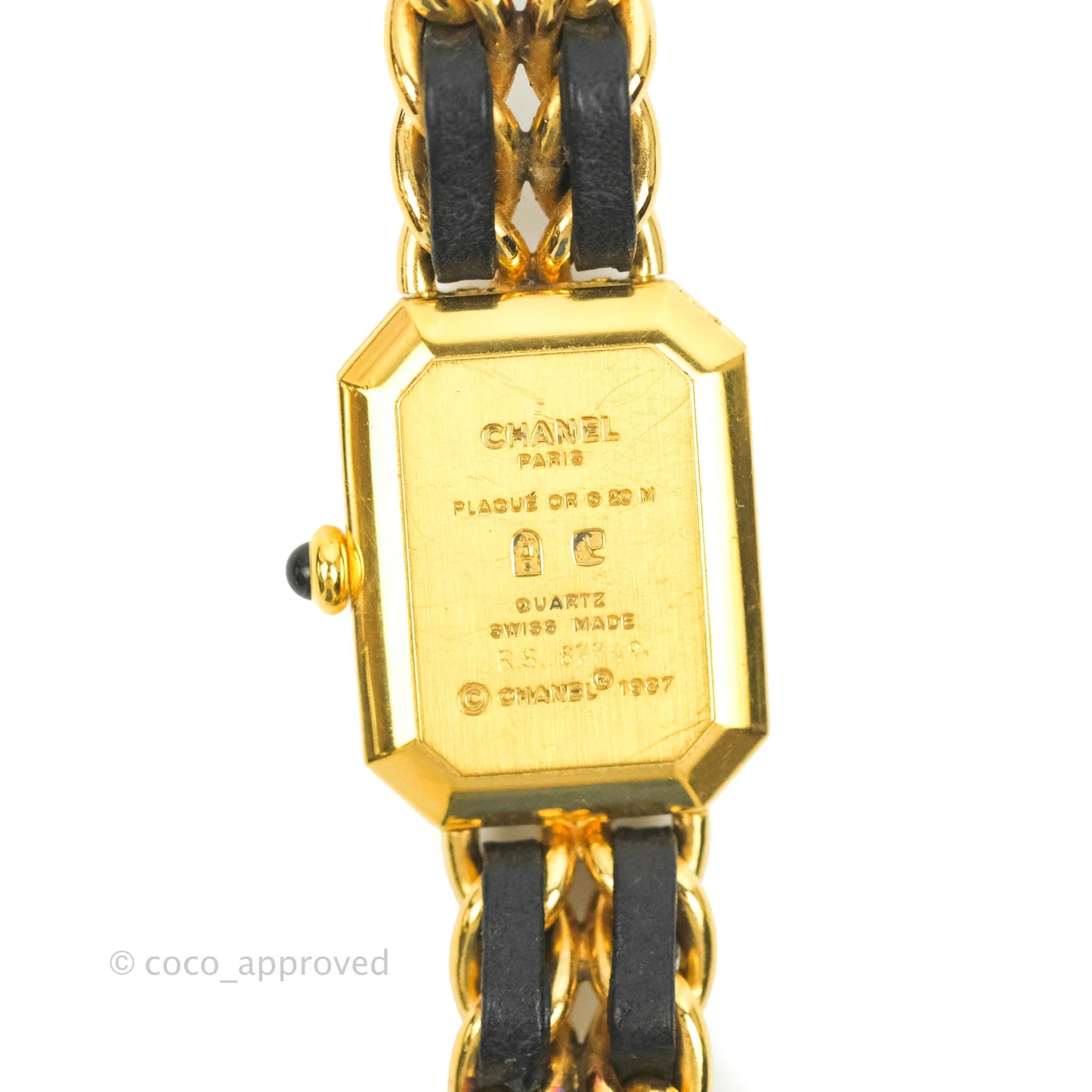 Chanel Vintage Première Watch Black Leather Gold Plated M Size