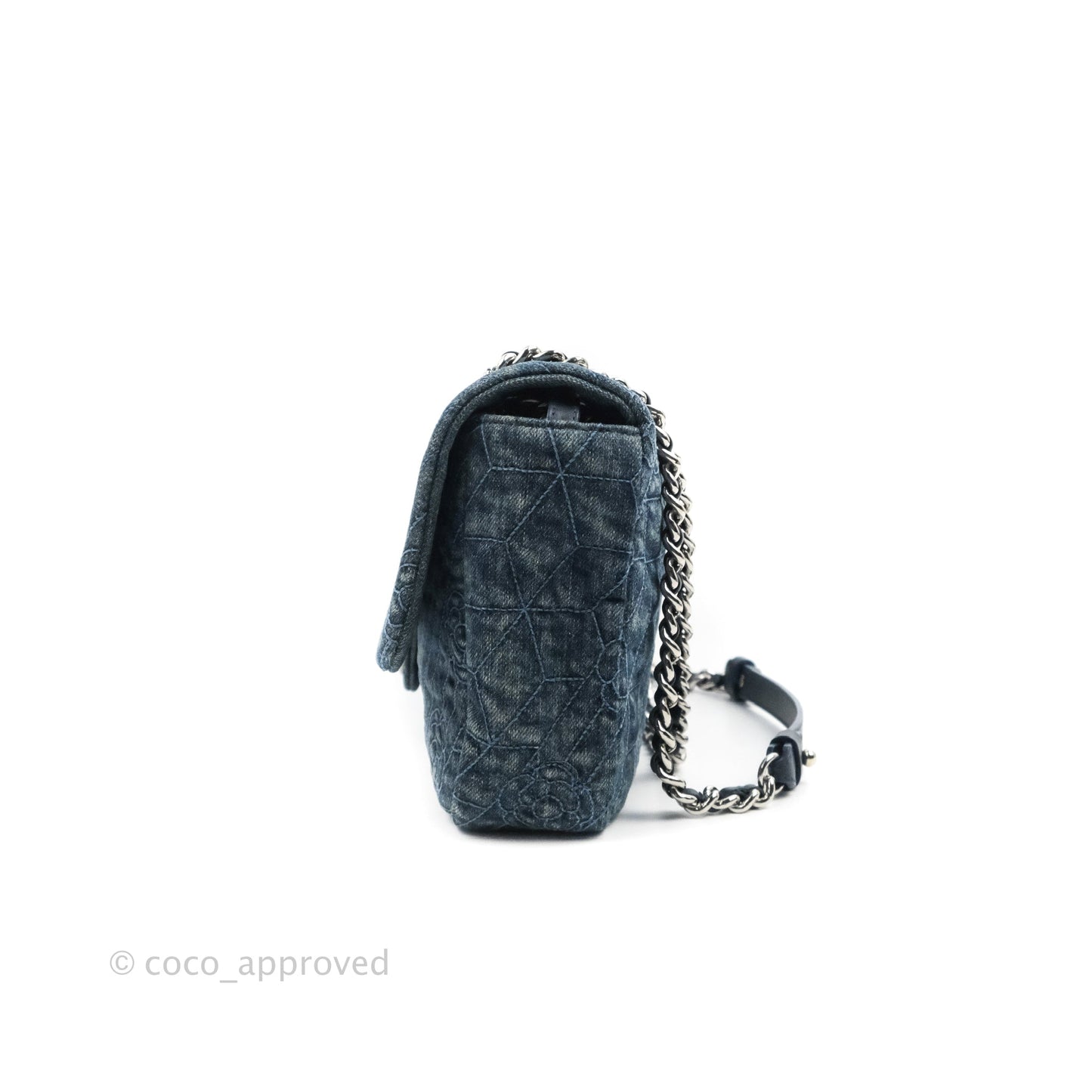 Chanel Camellia Embroidered Flap Bag Blue Washed Denim Silver Hardware