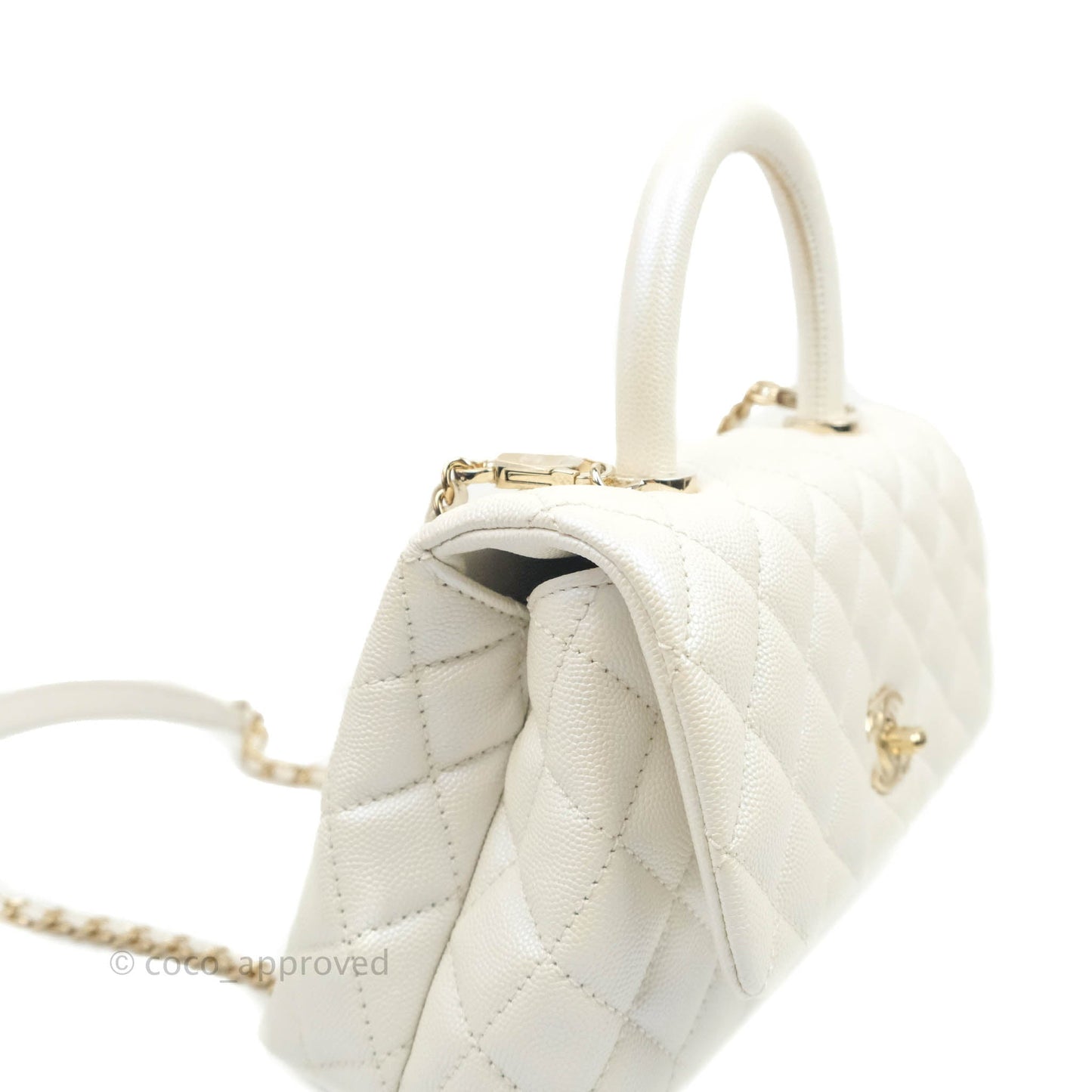 Chanel Small Quilted Coco Handle Iridescent White Caviar Gold Hardware