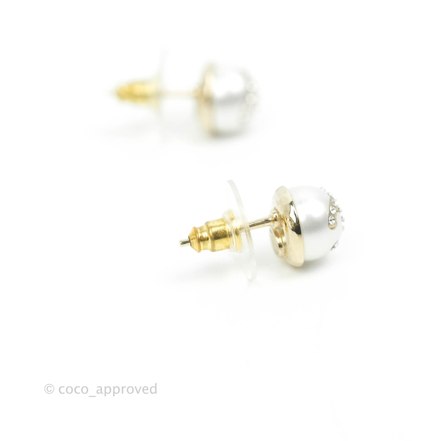 Chanel CC Pearl Rhinestone Earrings Gold Tone 21A