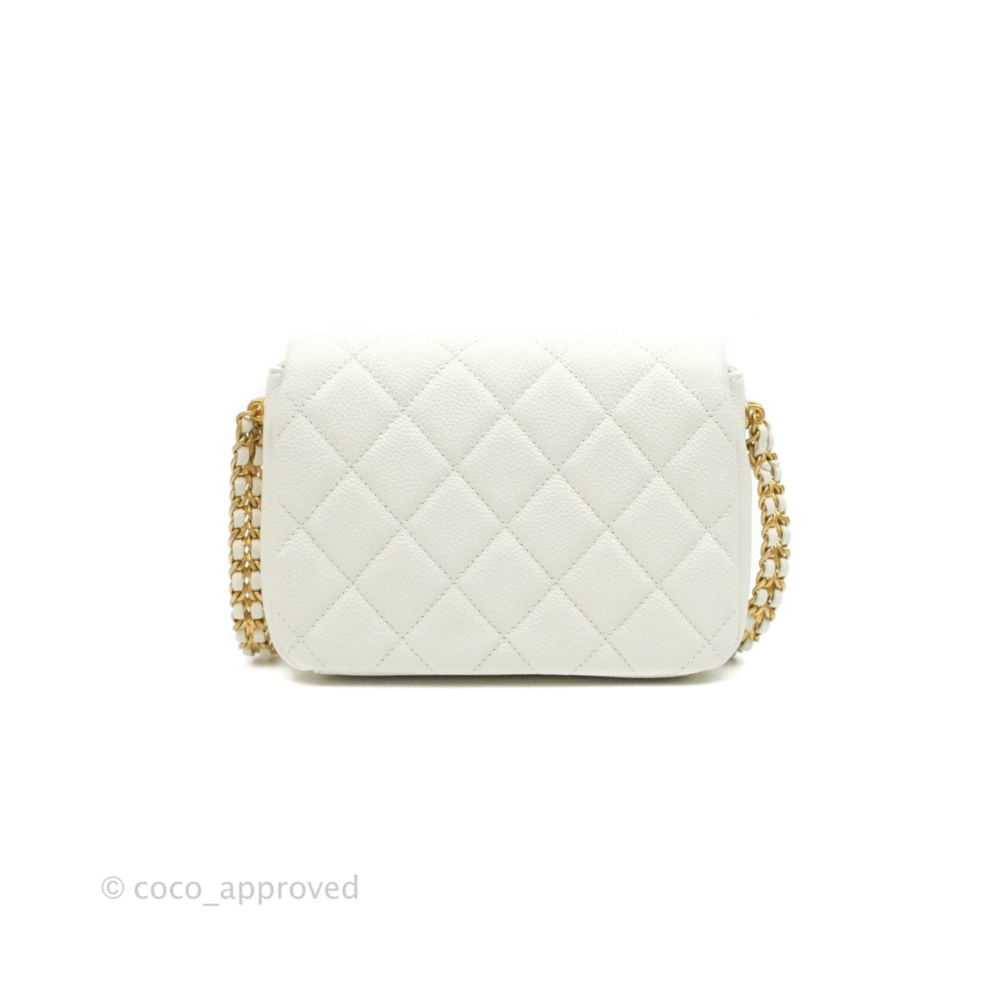 Chanel Mini Flap Bag Coin Charm Soul Chain White Caviar Aged Gold Hardware 21A