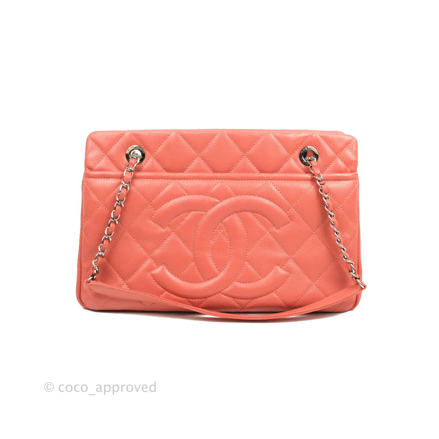 Chanel Quilted Caviar Leather Timeless CC Soft Shopping Tote Bag Coral Pink