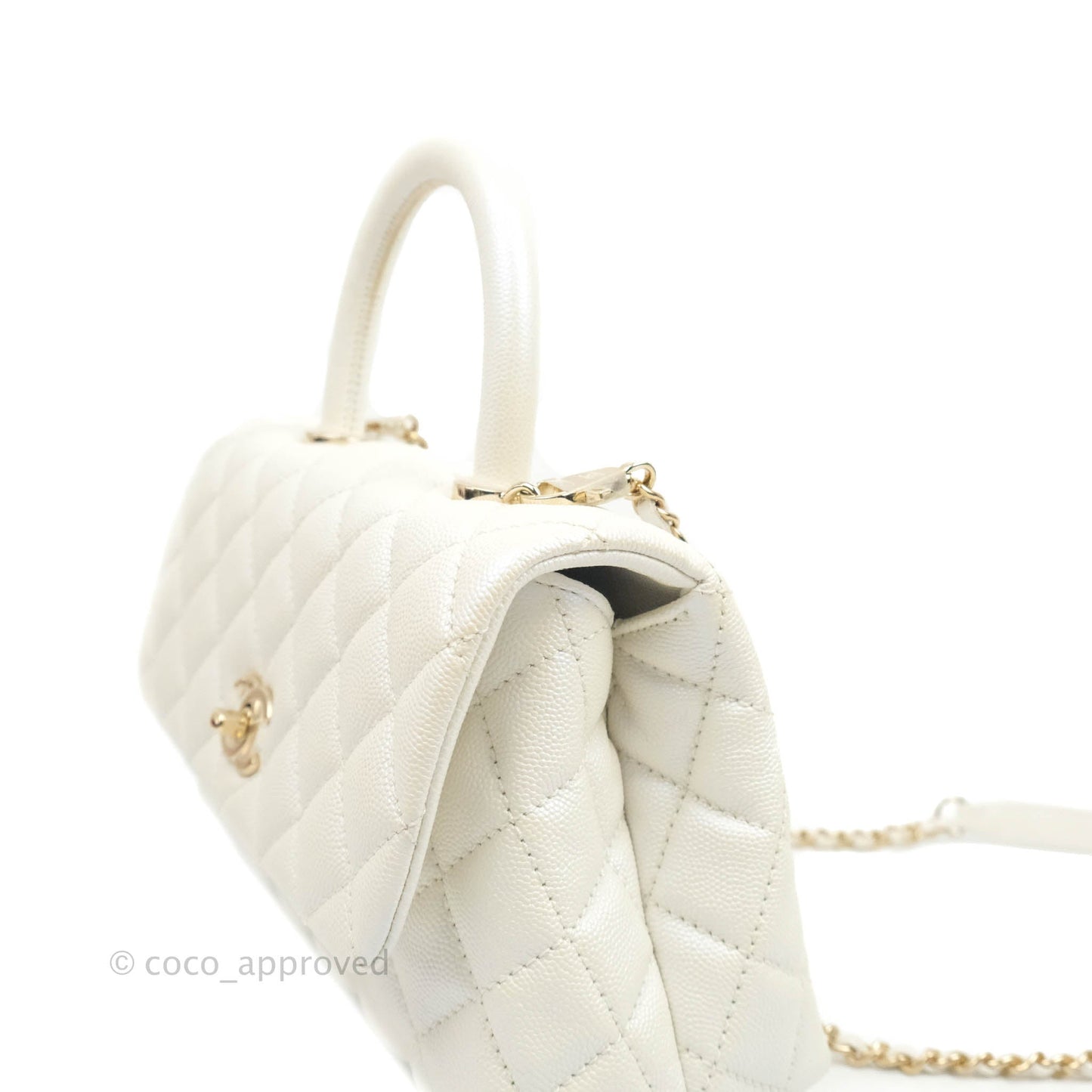 Chanel Small Quilted Coco Handle Iridescent White Caviar Gold Hardware