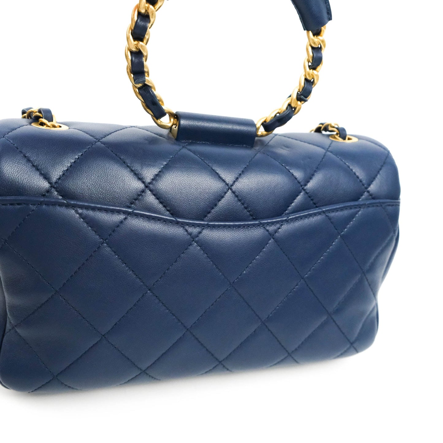 Chanel Circular Handle Flap Bag Navy Lambskin Aged Gold Hardware