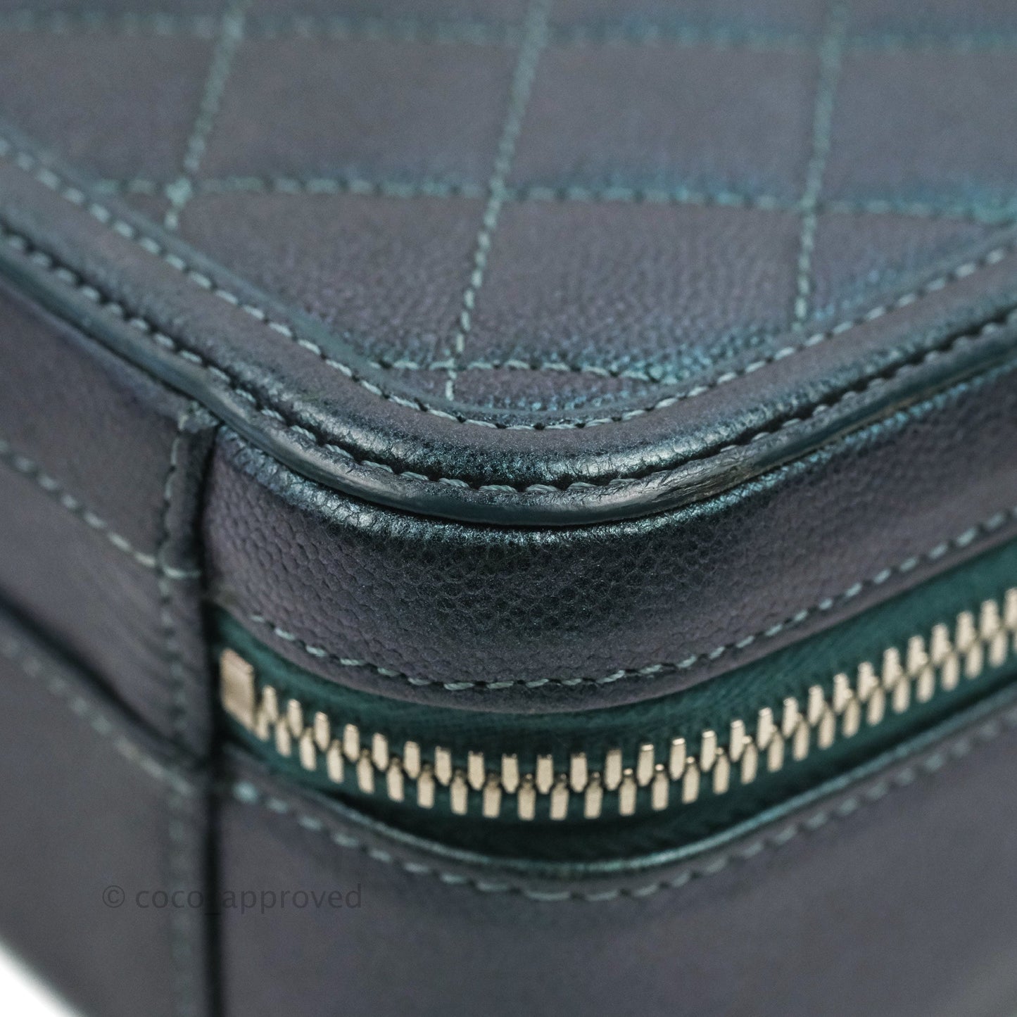 Chanel Quilted Medium CC Filigree Vanity Case Iridescent Dark Turquoise Caviar Rainbow Hardware