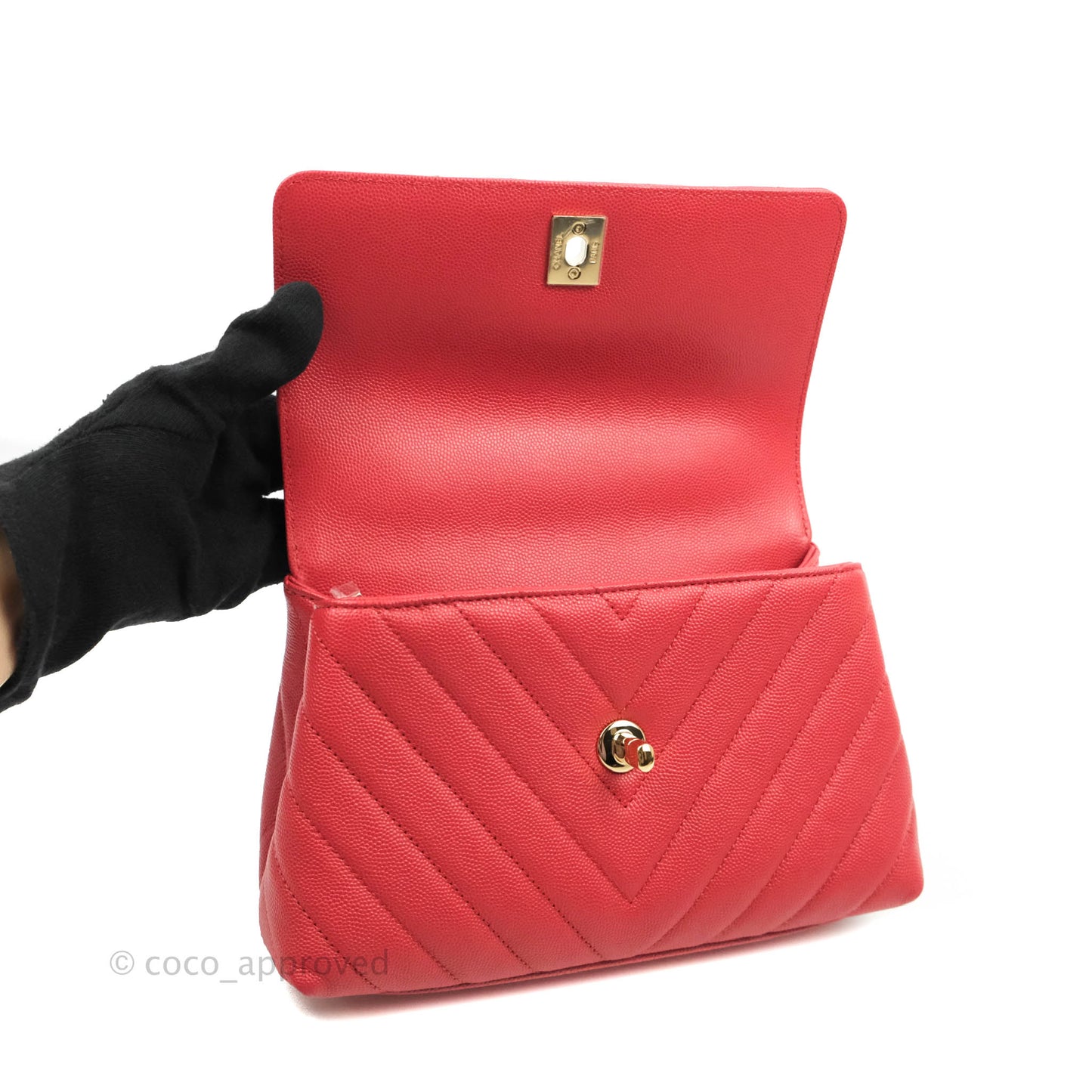 Chanel Small Coco Handle Chevron Red Caviar Gold Hardware 20P