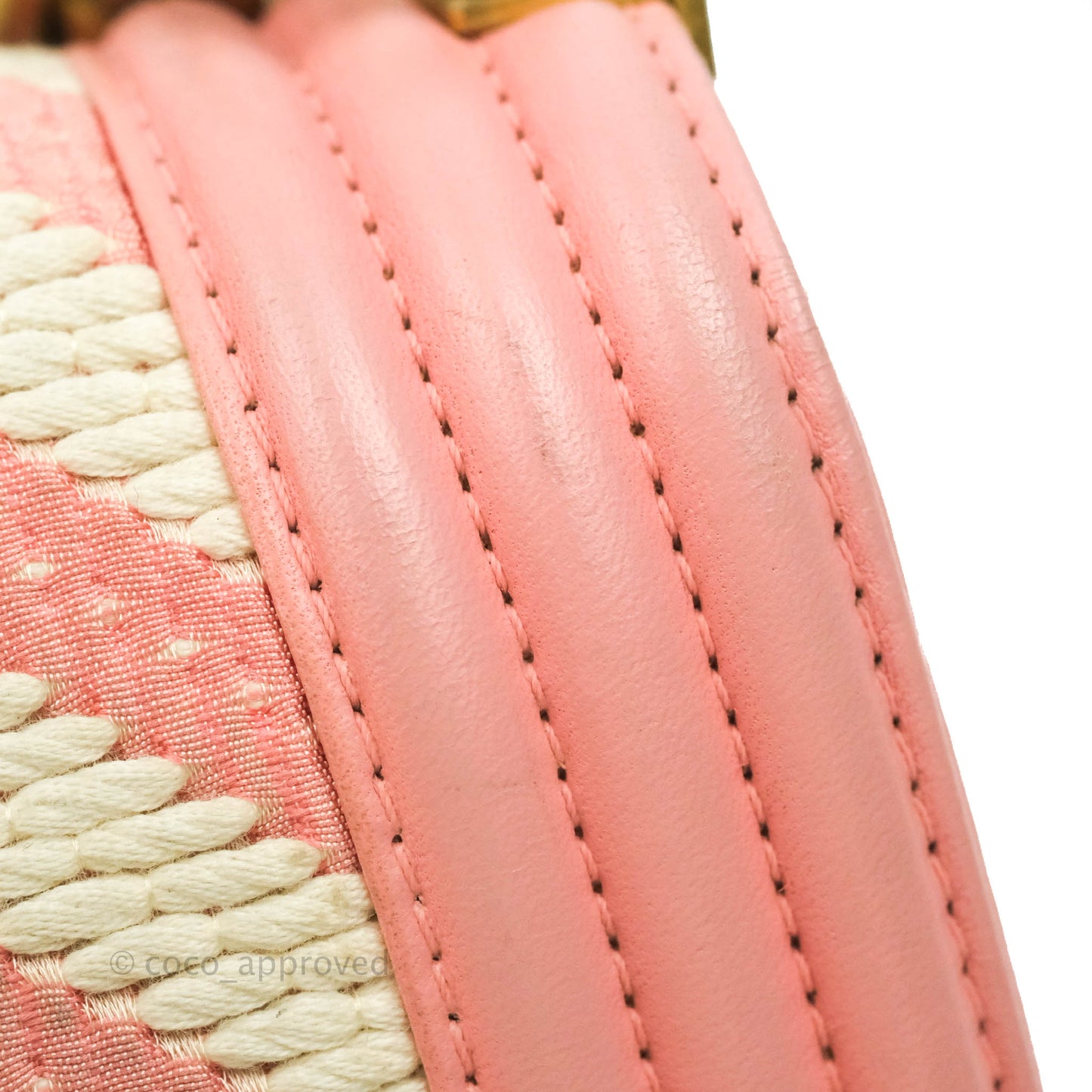 Chanel Chevron Small Boy Fabric Pink & White Aged Gold Hardware