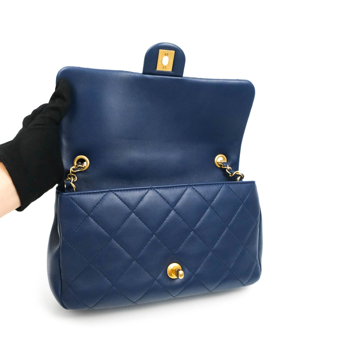 Chanel Circular Handle Flap Bag Navy Lambskin Aged Gold Hardware