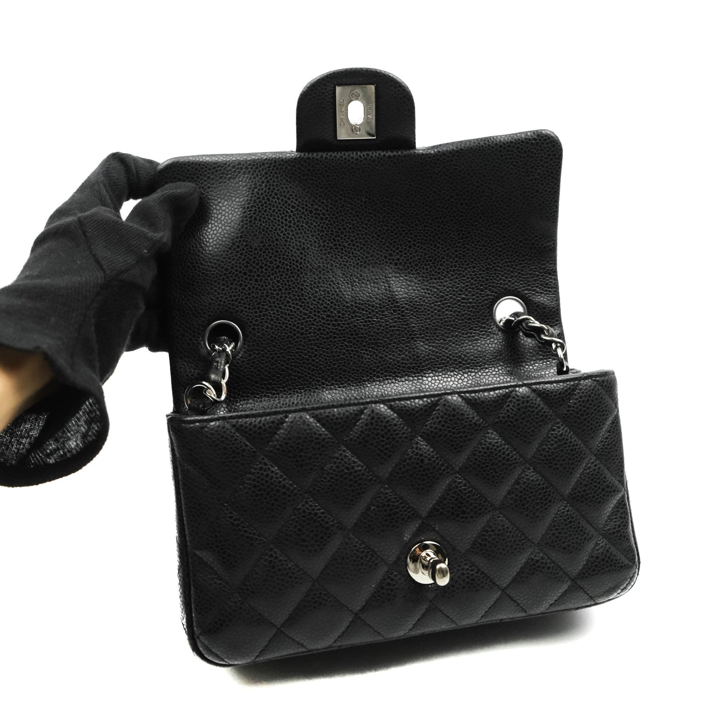 Chanel Quilted Mini Rectangular Flap Black Caviar Silver Hardware 18S