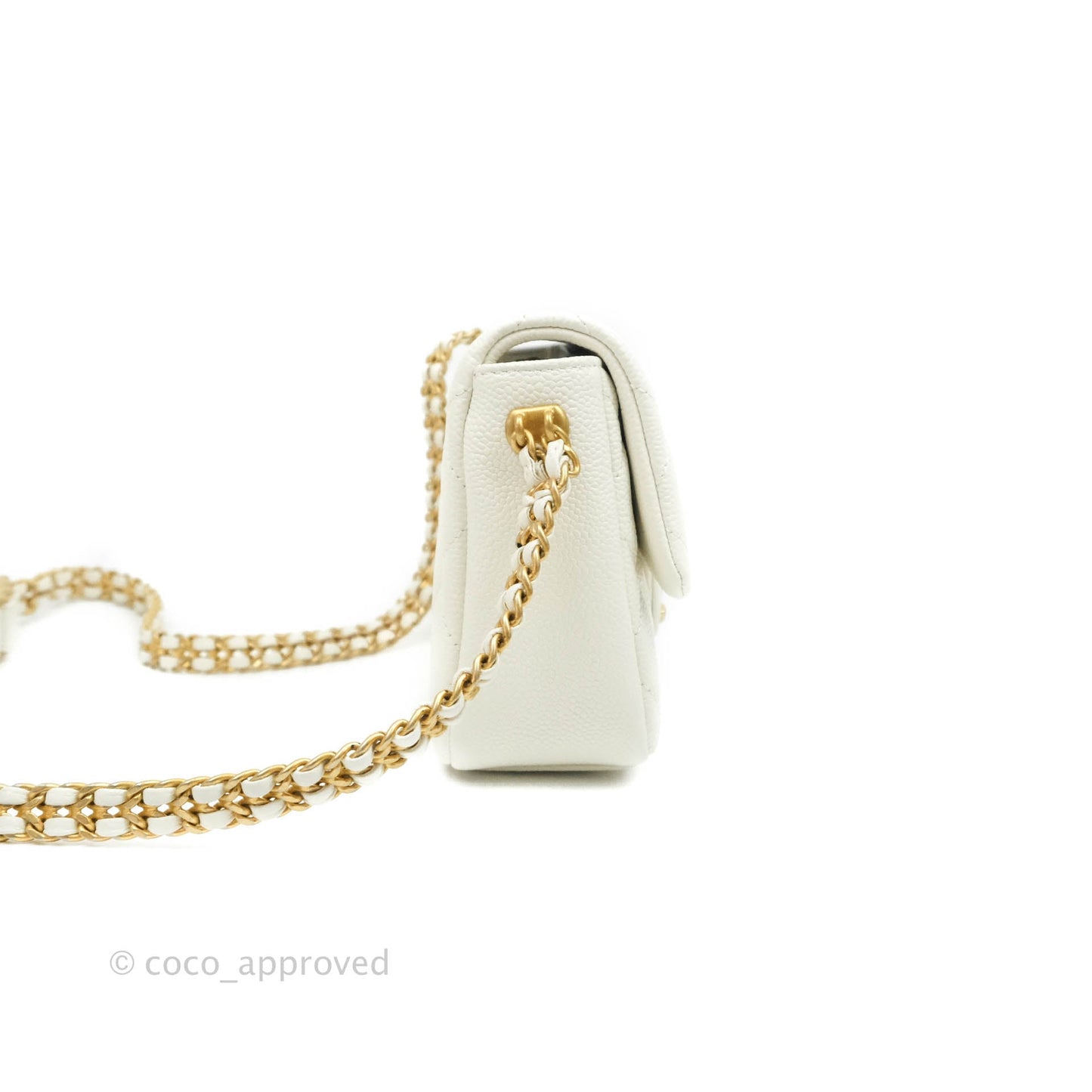 Chanel Mini Flap Bag Coin Charm Soul Chain White Caviar Aged Gold Hardware 21A