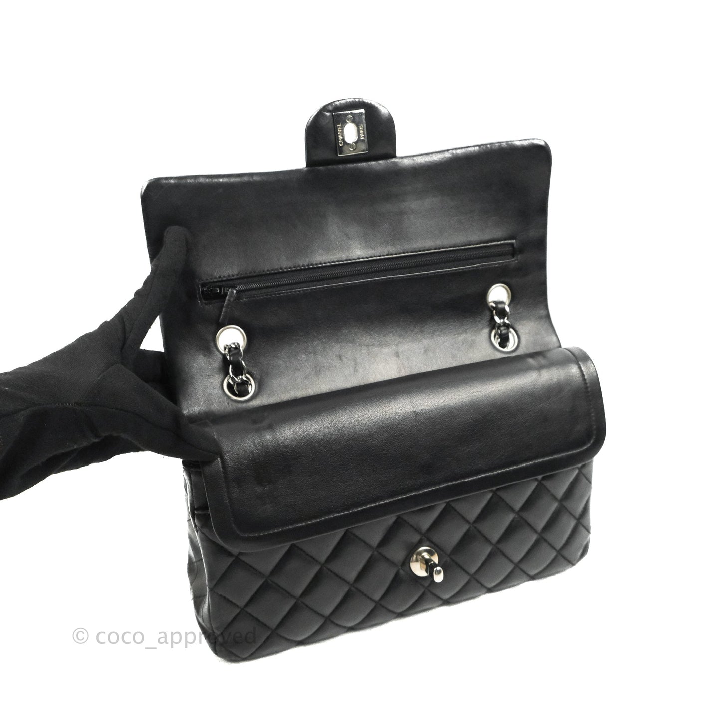 Chanel Classic M/L Medium Flap Quilted Black Lambskin Silver Hardware