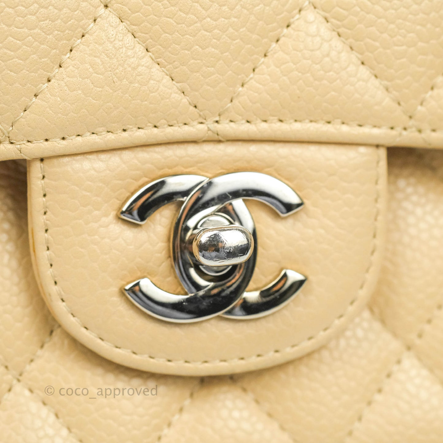 Chanel Classic M/L Medium Flap Quilted Beige Caviar Silver Hardware