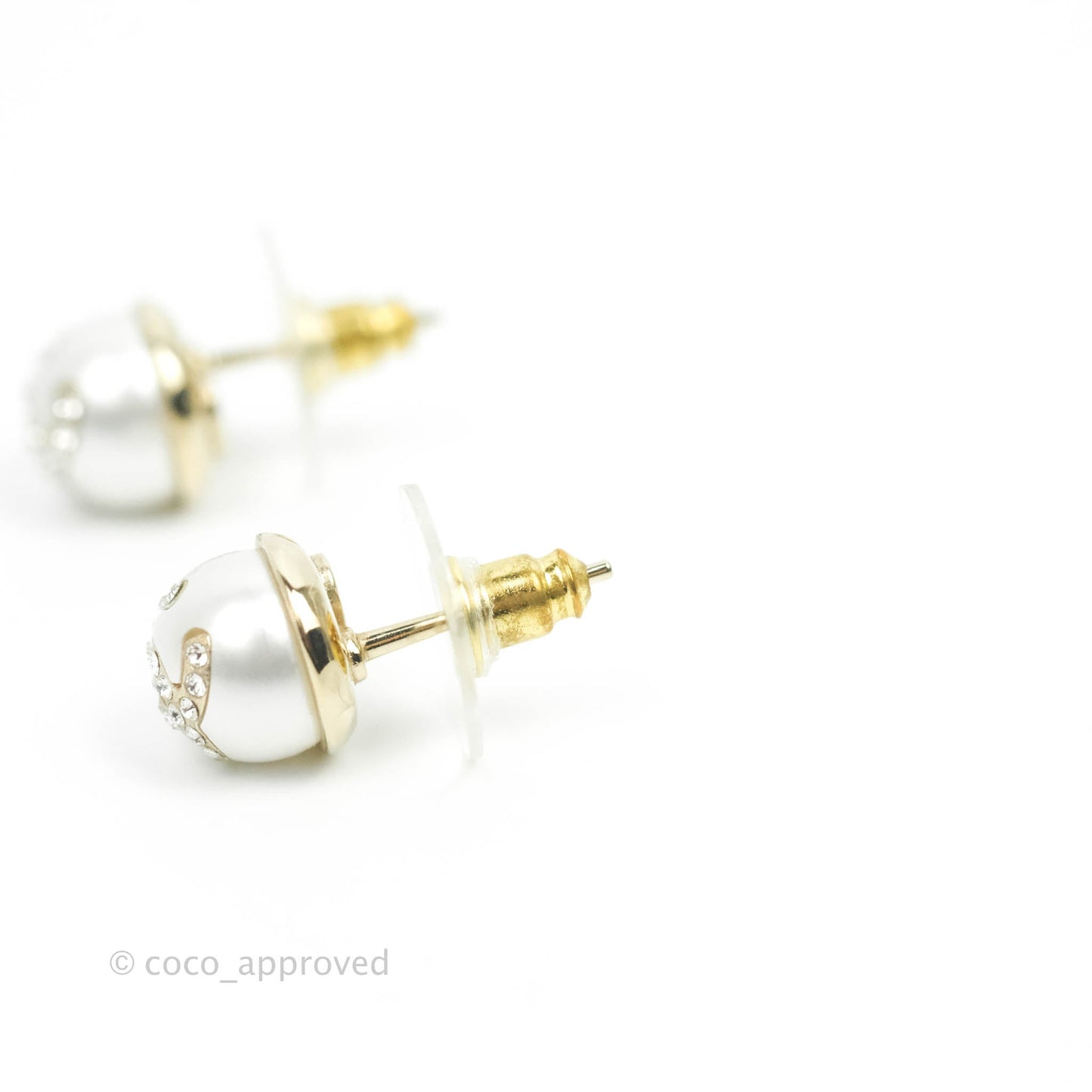 Chanel CC Pearl Rhinestone Earrings Gold Tone 21A