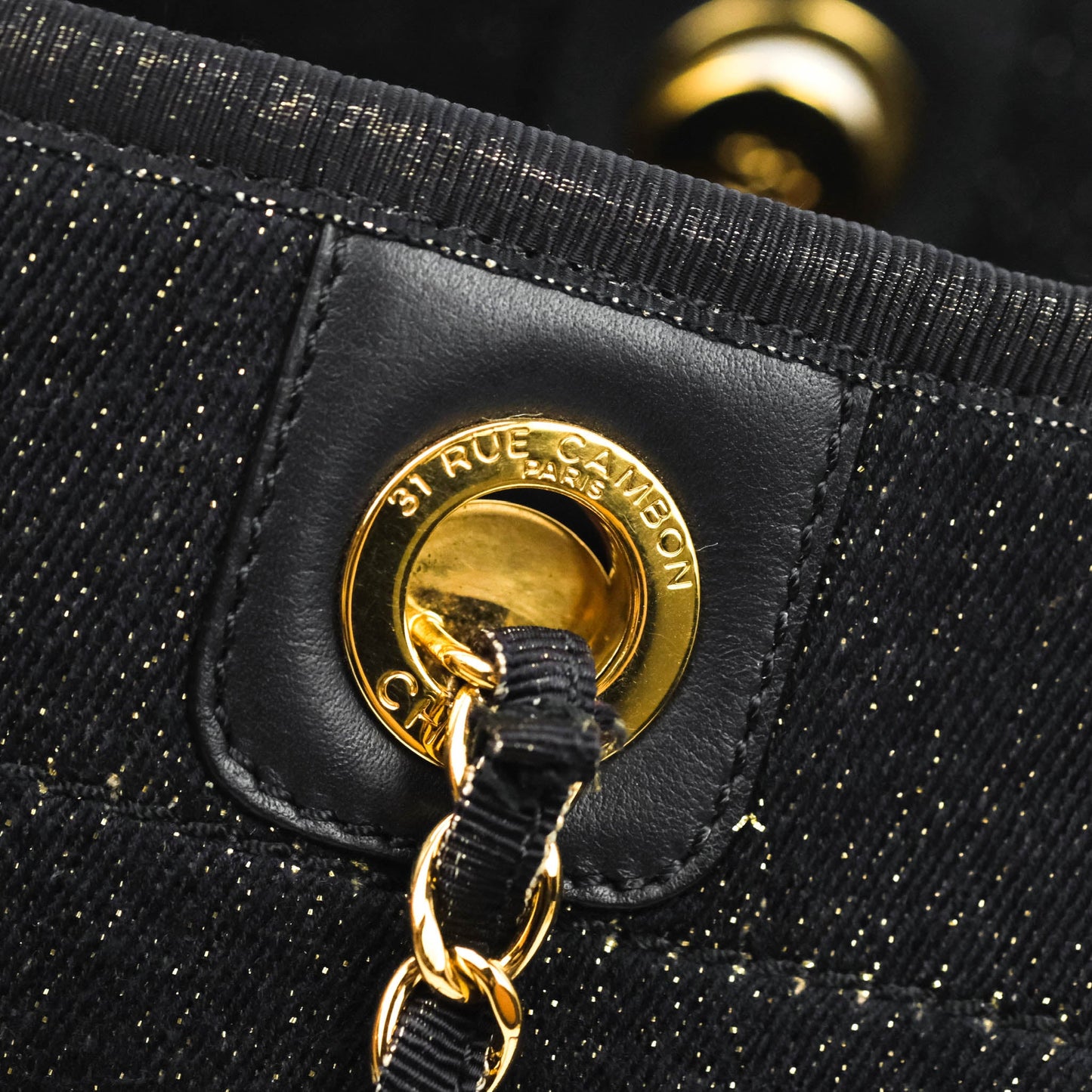 Chanel Medium Deauville Tote Navy Glitter Canvas Gold Hardware