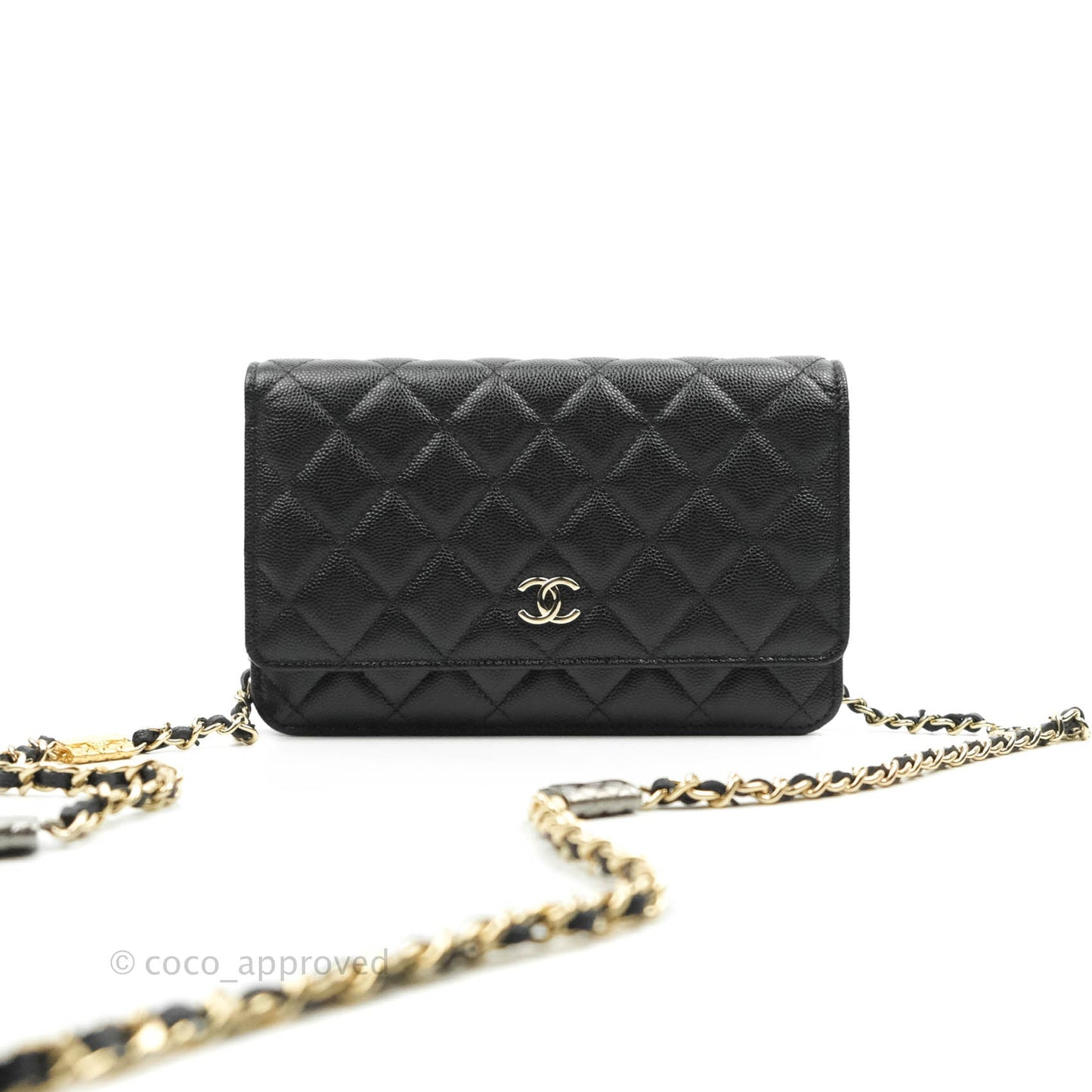 Chanel Quilted WOC Black Caviar Gold Hardware With Charms