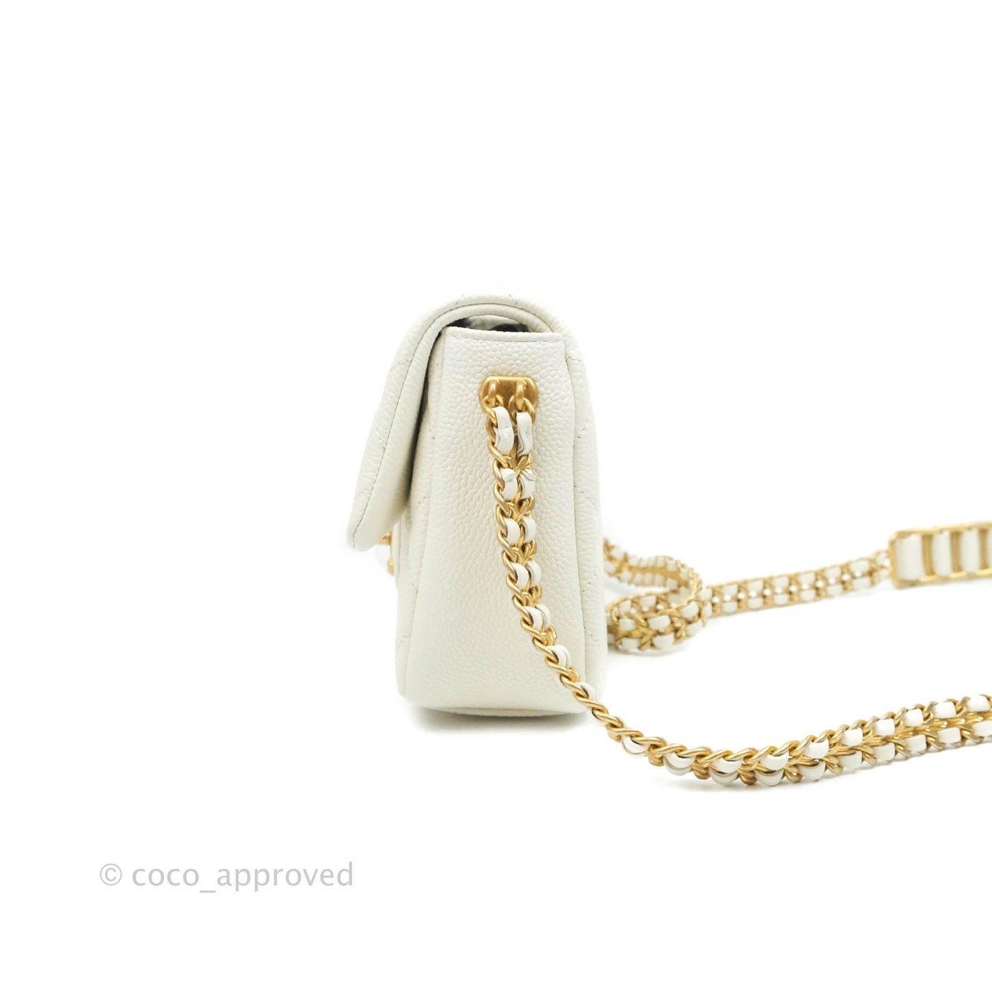 Chanel Mini Flap Bag Coin Charm Soul Chain White Caviar Aged Gold Hardware 21A