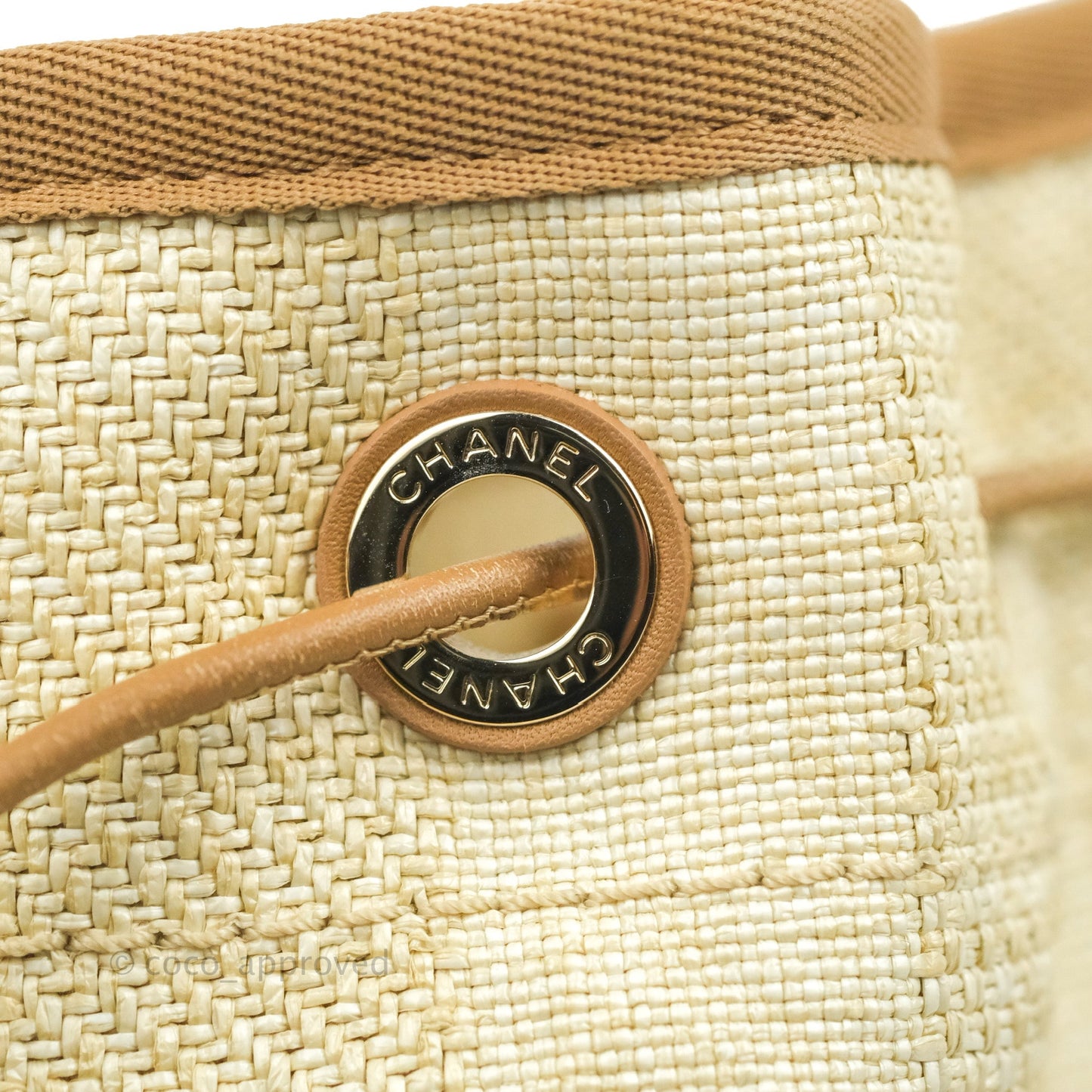 Chanel Raffia Canvas Deauville Drawstring Bucket Bag Brown Gold Hardware