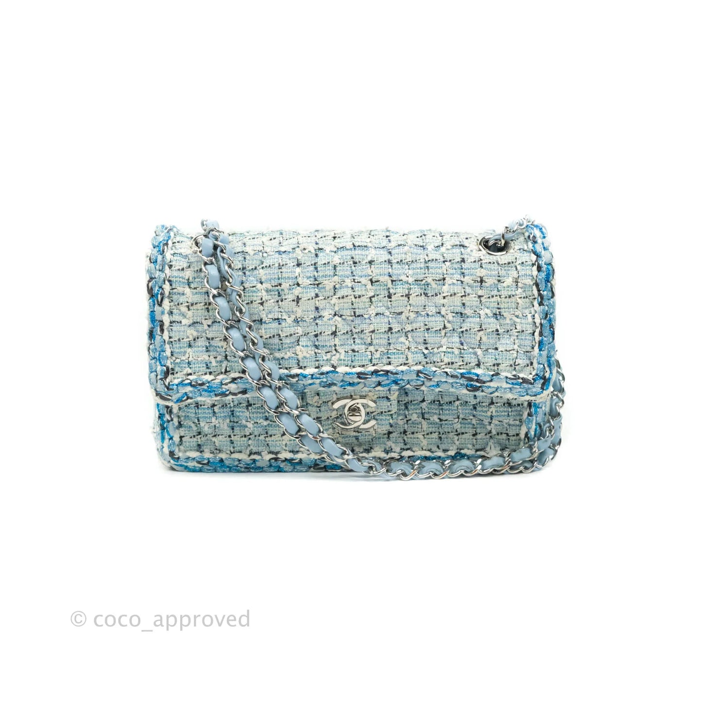 Chanel Medium Classic Double Flap Bag Blue Tweed Silver Hardware 19C