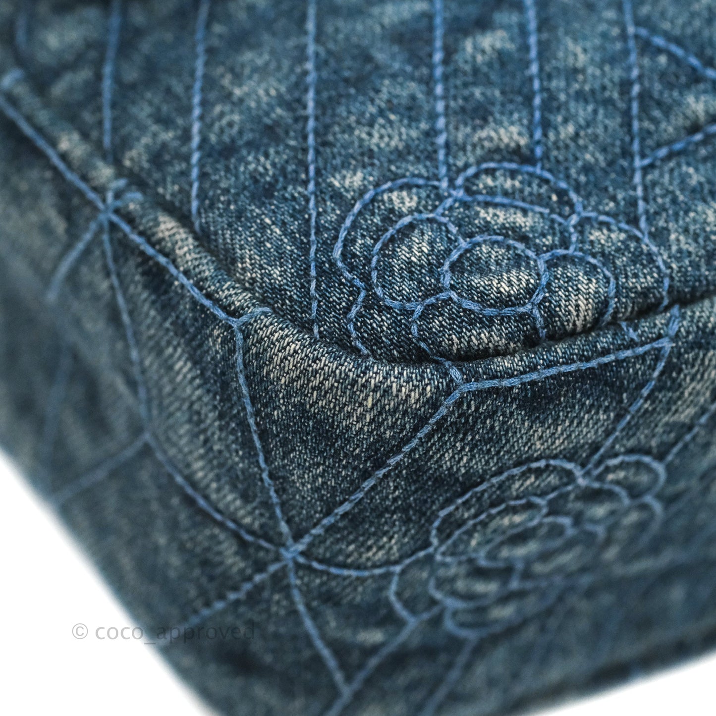 Chanel Camellia Embroidered Flap Bag Blue Washed Denim Silver Hardware