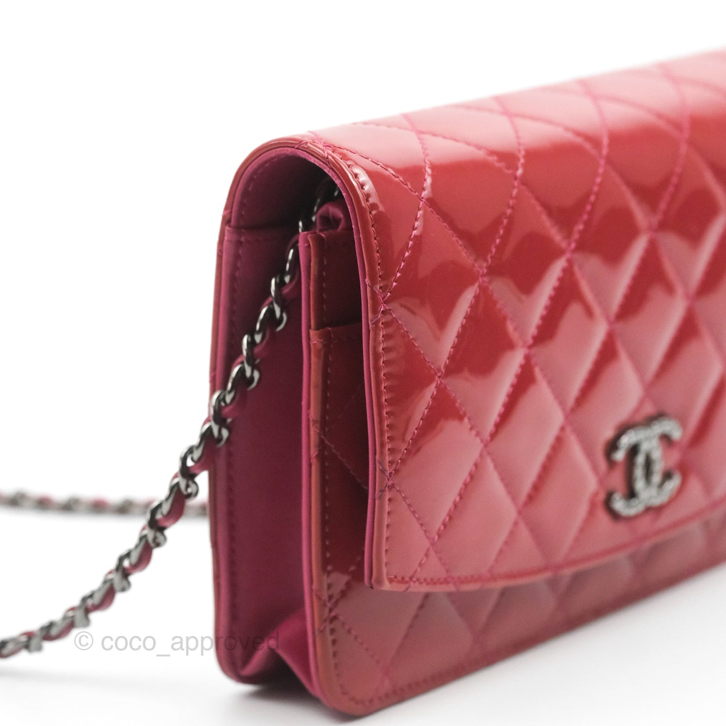 Chanel Wallet on Chain WOC Quilted Red Patent Ruthenium Hardware