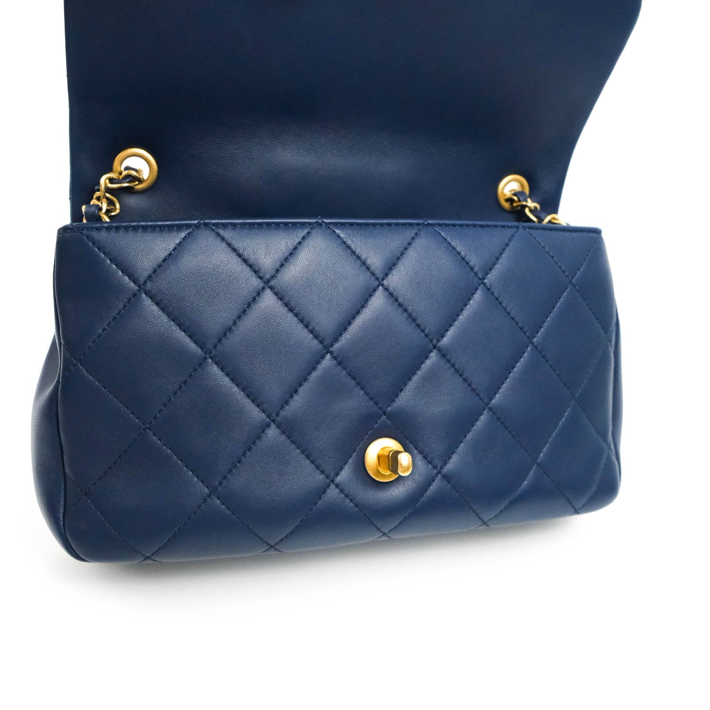 Chanel Circular Handle Flap Bag Navy Lambskin Aged Gold Hardware