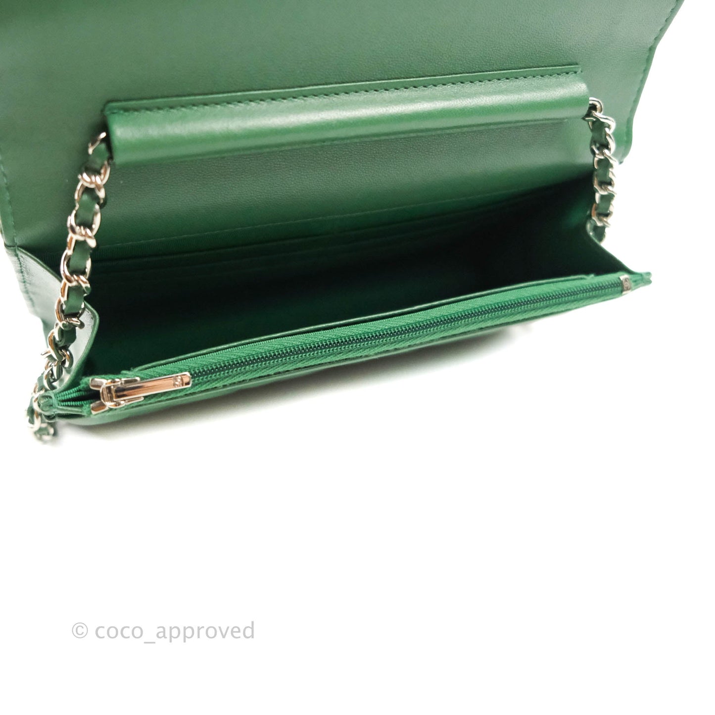 Chanel Quilted Classic Wallet on Chain WOC Green Lambskin Silver Hardware
