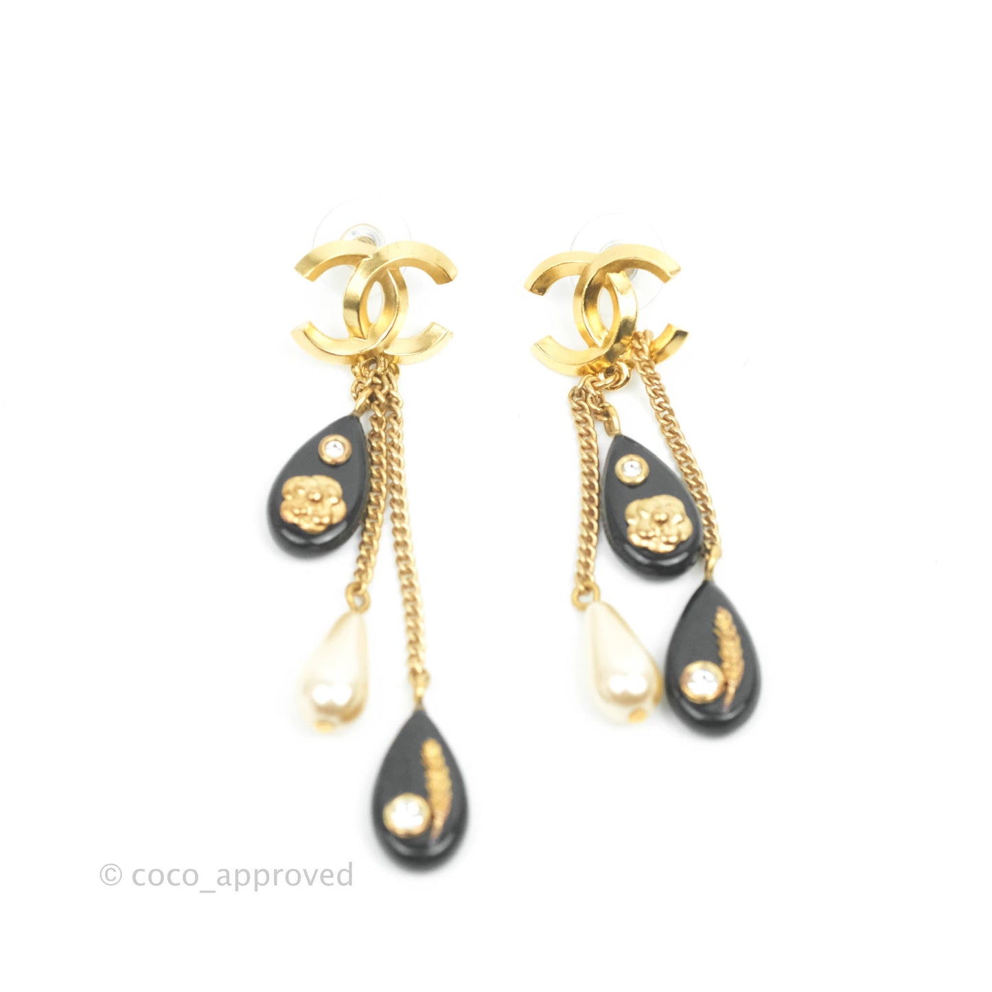 Chanel Dangling Multi Chain Camellia CC Earrings Gold Tone