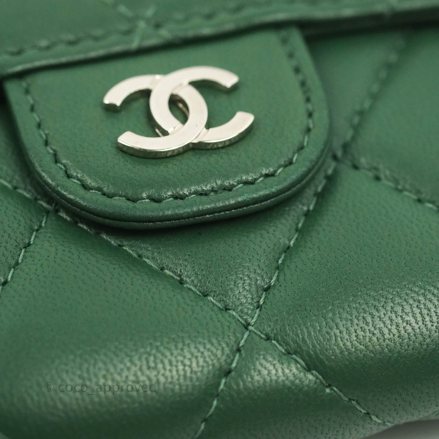 Chanel Classic Flap Coin Purse Dark Green Lambskin Silver Hardware