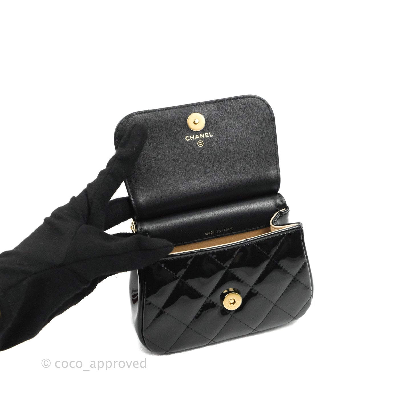 Chanel Quilted Clutch With Chain Patent Metal Black Gold Hardware