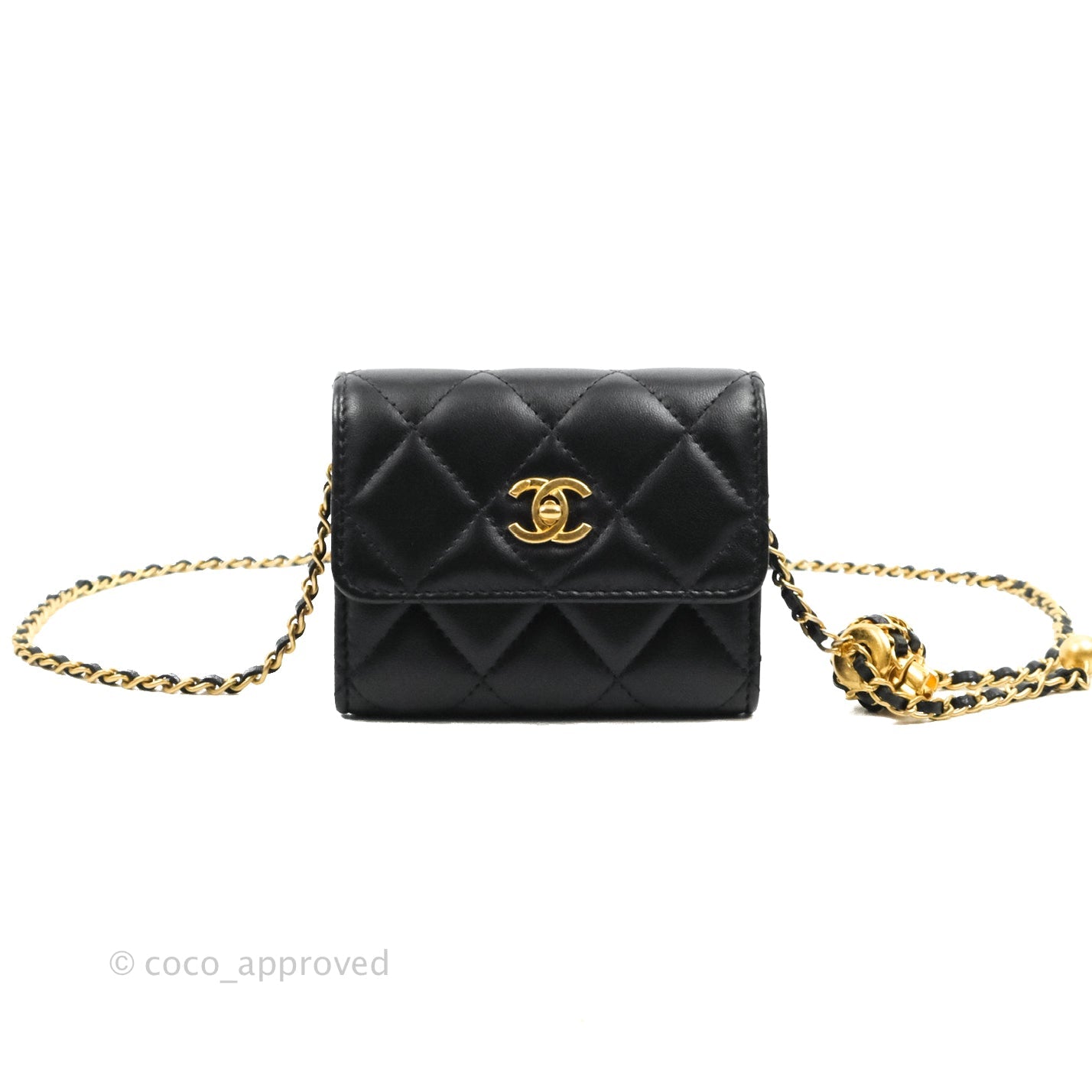 Chanel Pearl Crush Mini Clutch With Chain Black Lambskin Aged Gold Hardware