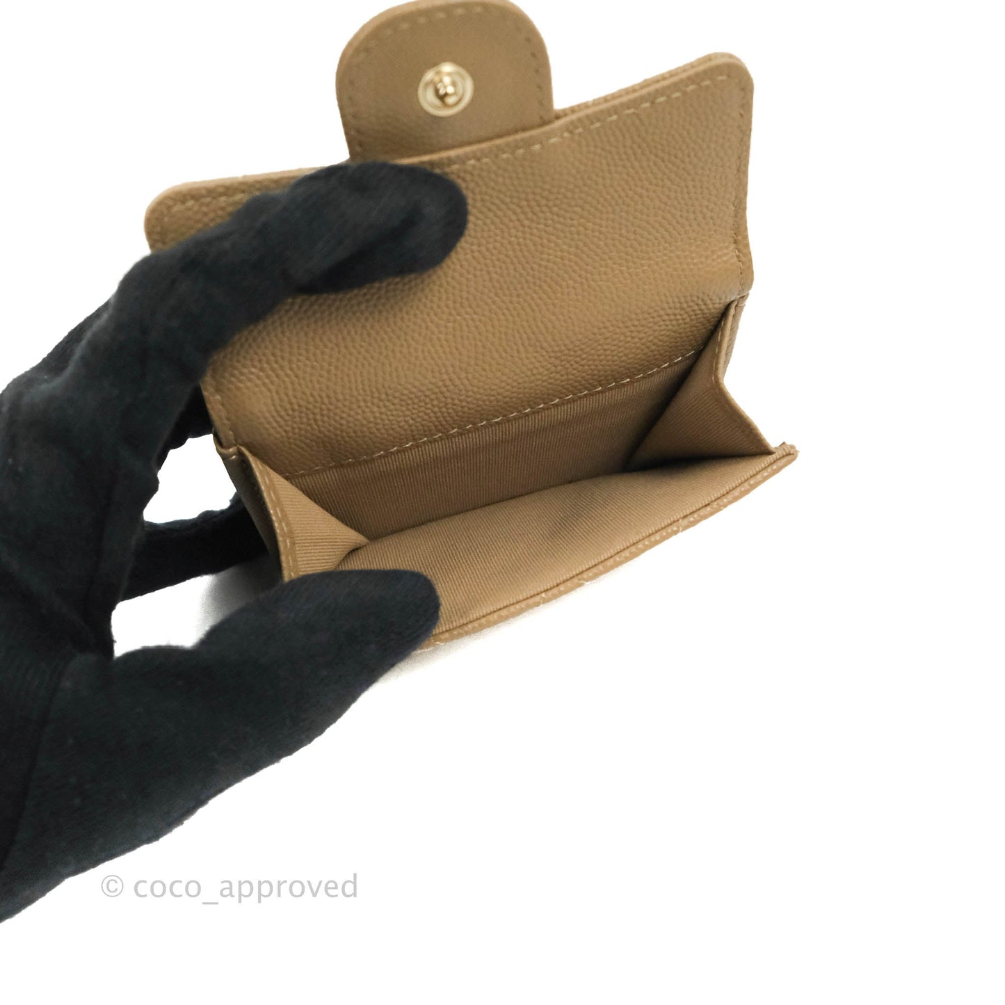 Chanel Quilted Small Classic Flap Trifold Wallet Dark Beige Caviar Gold Hardware
