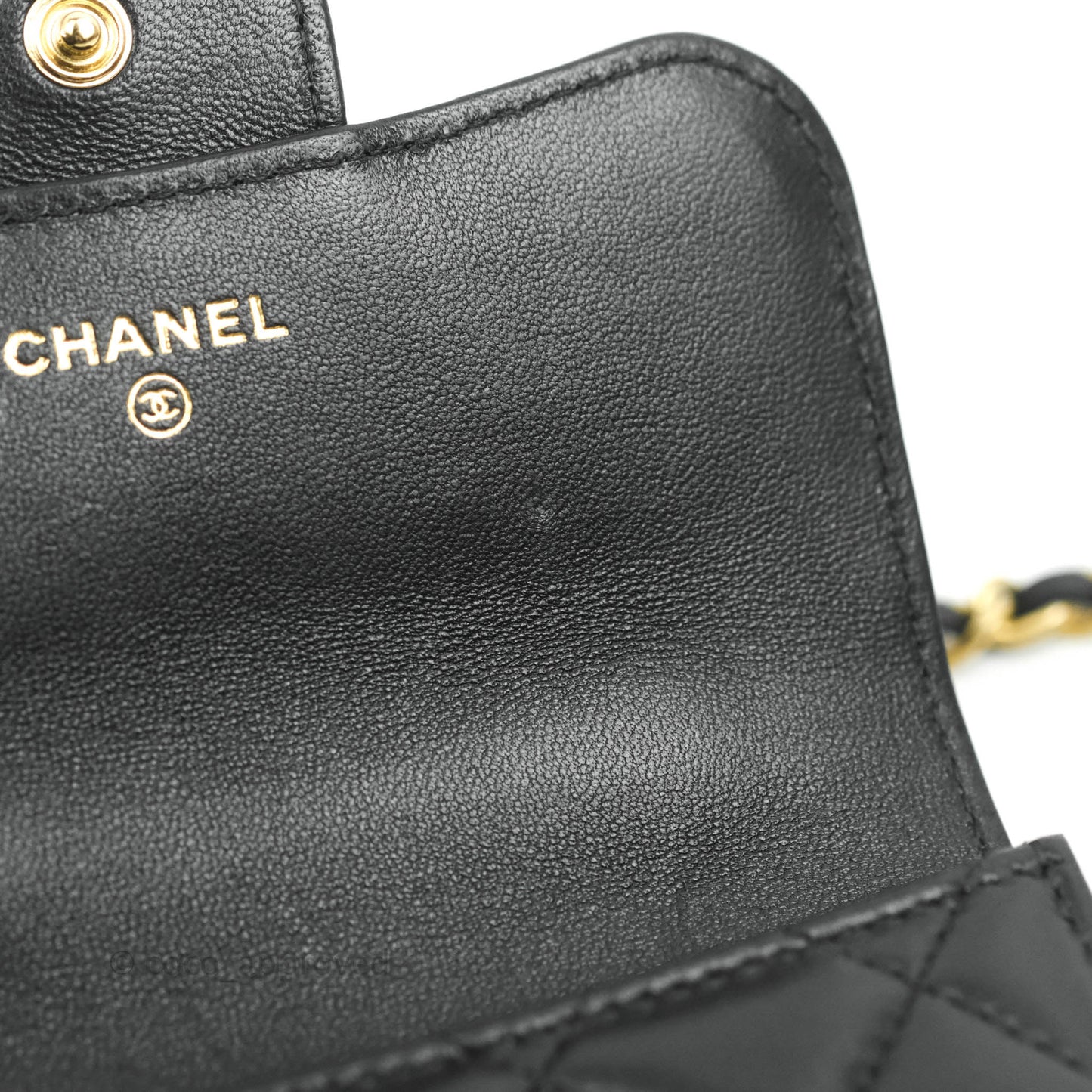 Chanel Mini Handle Flap Coin Purse With Chain Black Lambskin Gold Hardware