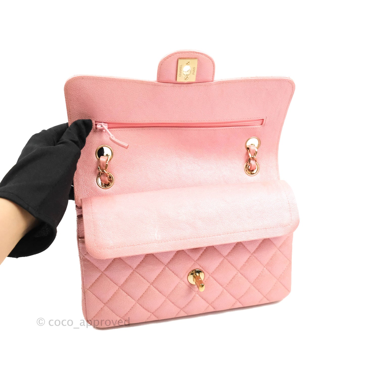 Chanel Small Classic Quilted Flap Iridescent Pink Caviar Gold Hardware 19S